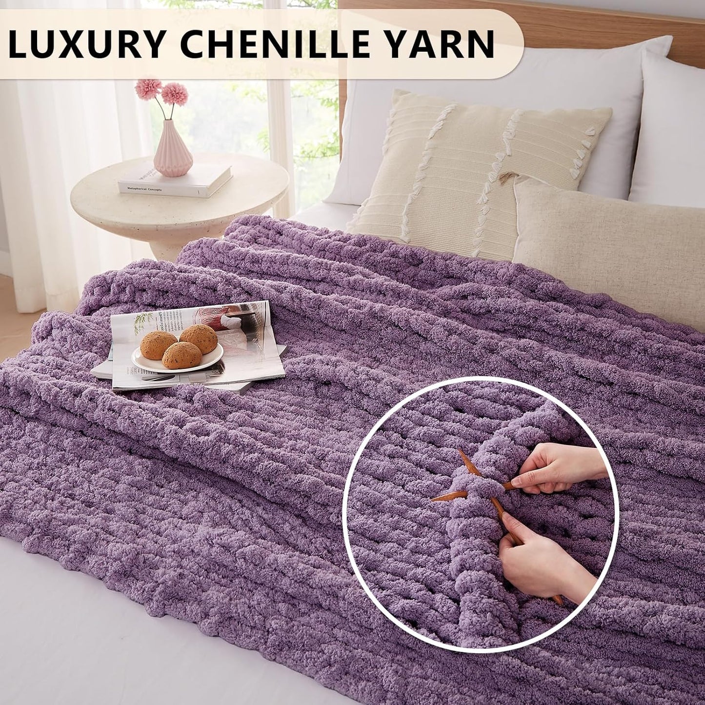 L'AGRATY Chunky Knit Blanket Throw: 60''x80'' Chenille Chunky Knitted Throw Blanket for Bed Couch - Handmade Thick Big Cable Knit Blanket - Large Crochet Rope Blanket for Home Decor(Deep Purple)
