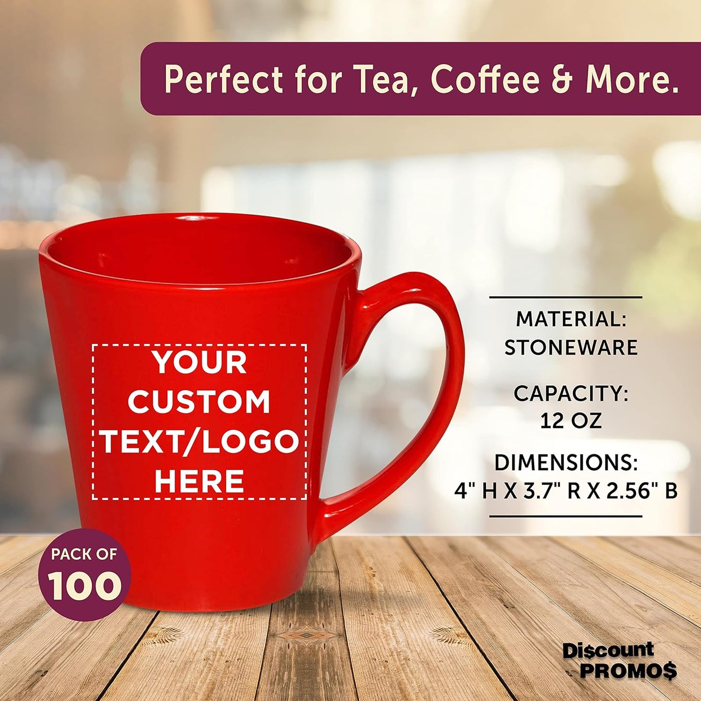 DISCOUNT PROMOS Custom Glossy Ceramic Latte Coffee Mug 12 oz. Set of 100, Personalized Bulk Pack - Perfect for Tea, Espresso, Cappuccino, Hot Cocoa - Red