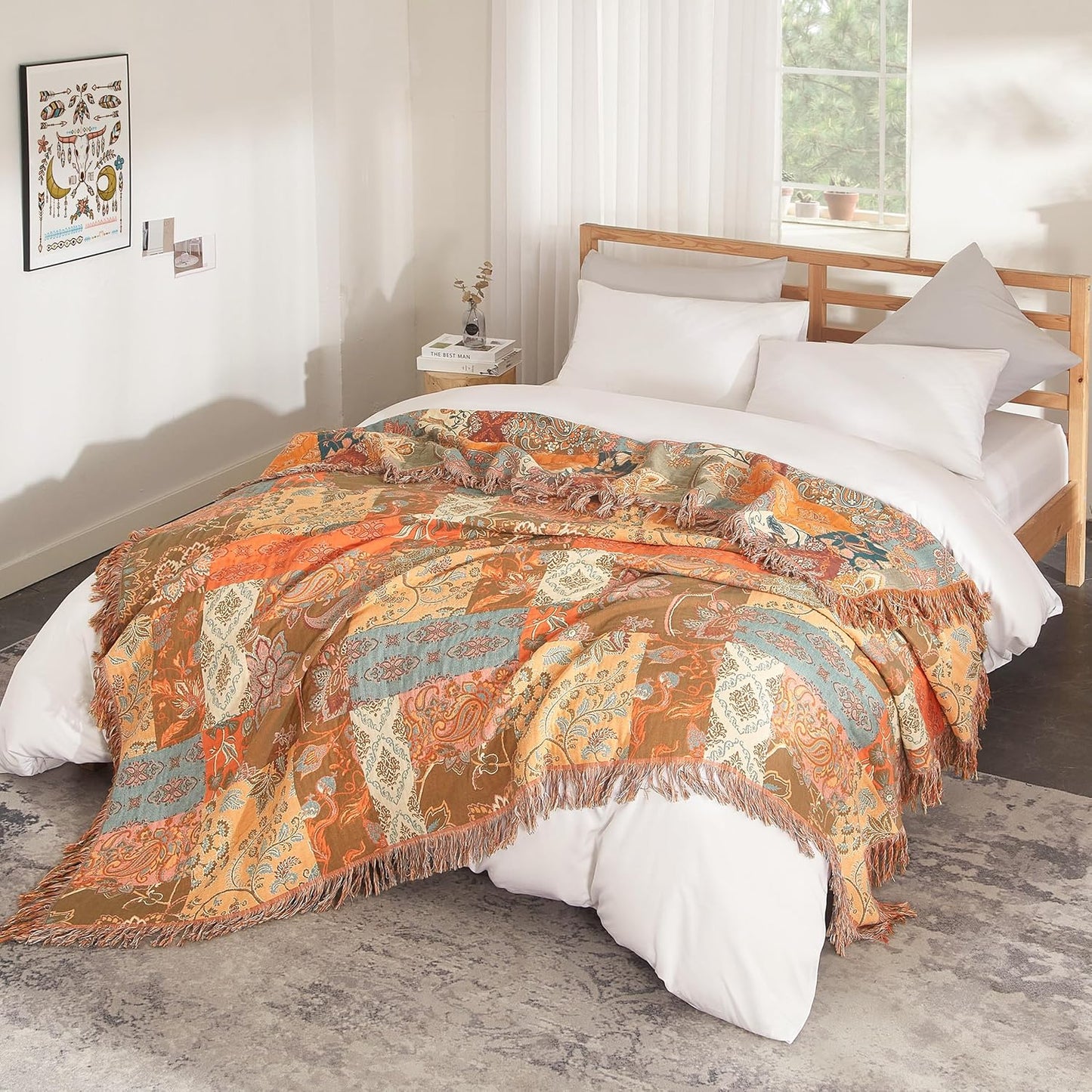 Boho Throw Blanket for Bed 60”x80”, 100% Cotton Woven Blanket for Couch Sofa, Ultra Soft 4-Layer Muslin Quilt with Patchwork Floral Printed, Farmhouse Bed Blanket/Cover for Living Room Decor