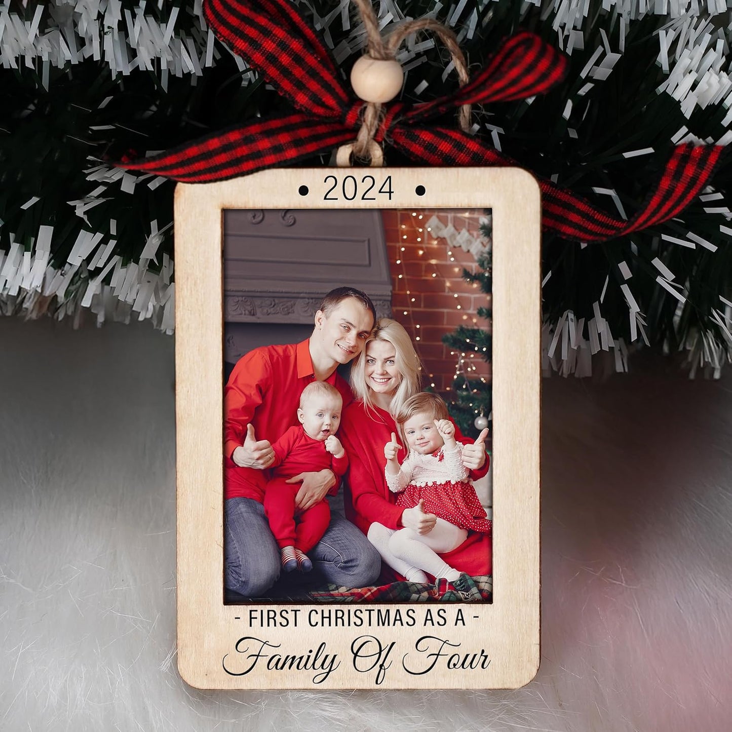 Christmas Photo Frame Ornament, 2025 Ornament, Wooden Picture Frame Ornaments With Hanging String (Family of Four)