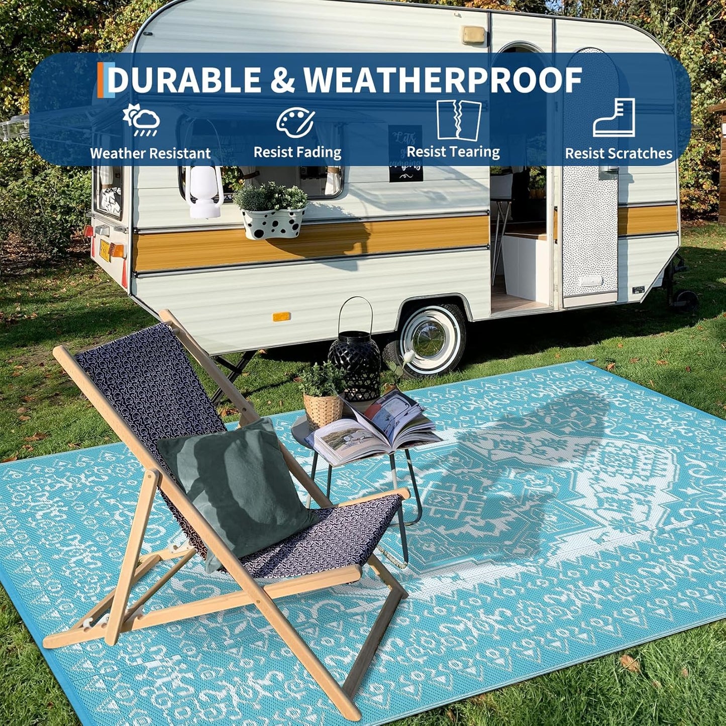 GAOMON Outdoor Rug Waterproof 9x18 Reversible Plastic Straw Rug, Large Rugs for Patio UV-Resistant Portable RV Camping Mats, Indoor Outdoor Medallion Carpet for Deck Porch Garden, Light Blue