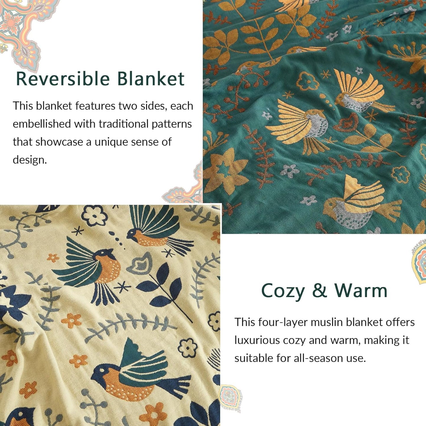 Boho Throw Blanket for Couch Sofa Bed, 100% Cotton Woven Quilt with Tassel 80”x90”, Super Soft Muslin Blanket with Bird Printed, Decorative Reversible Bed Blanket/Cover for All Seasons