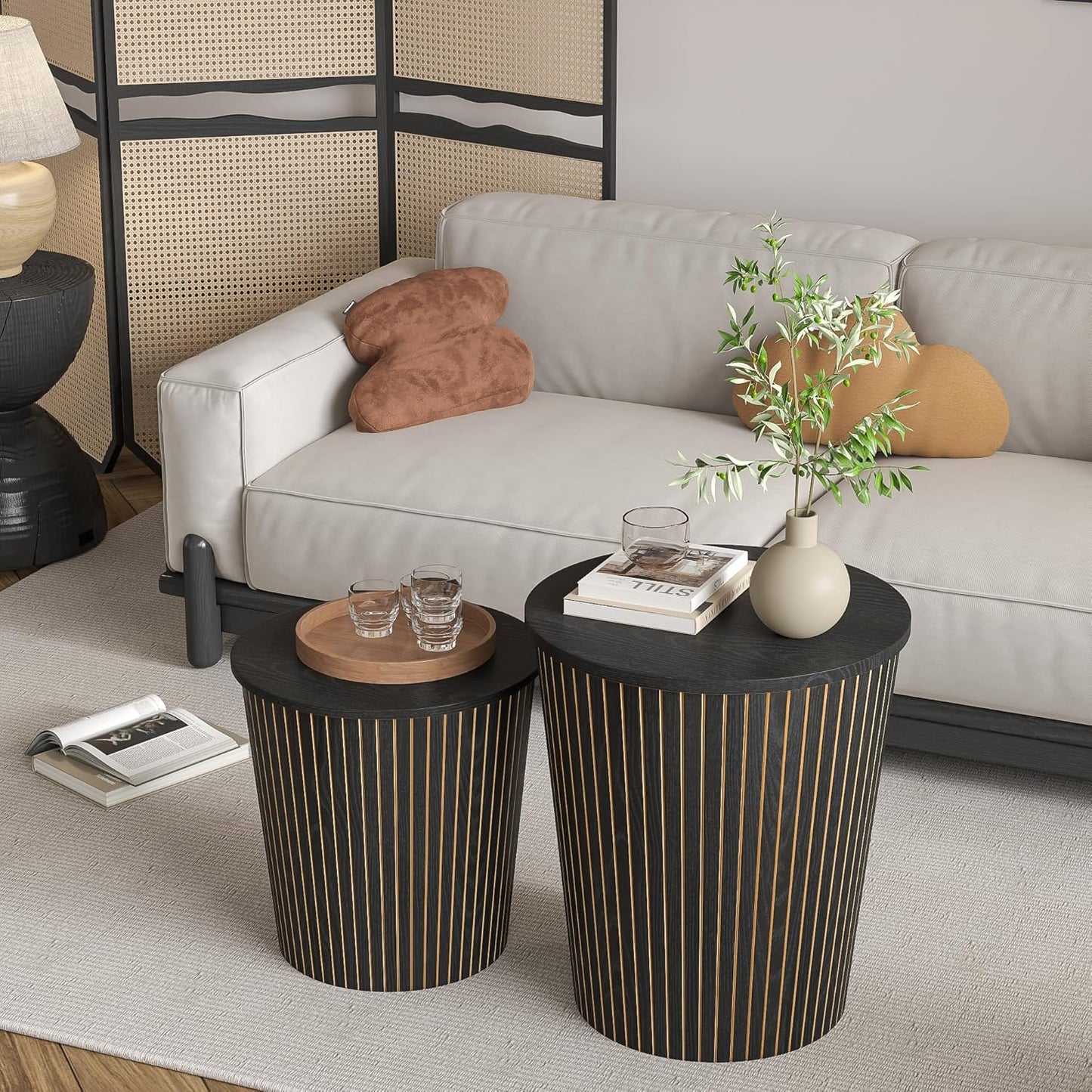 Nesting Coffee Table Set of 2, Round End Table with Storage, Farmhouse Side Table with Removable Wood Tops and Wood Basket Bases for Blanket Storage, Modern Coffee Table for Living Room (Black)