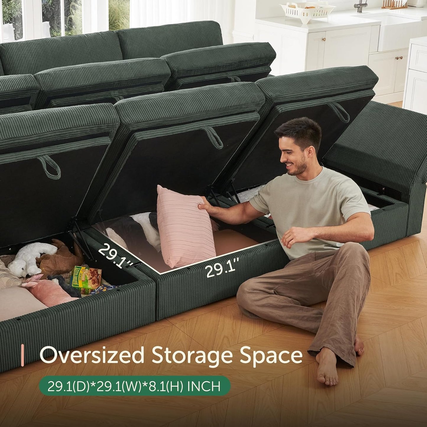 HONBAY Modular Sectional Sofa with Storage Corduroy U Shaped Sofa Modular Sectional Couches for Living Room,Green