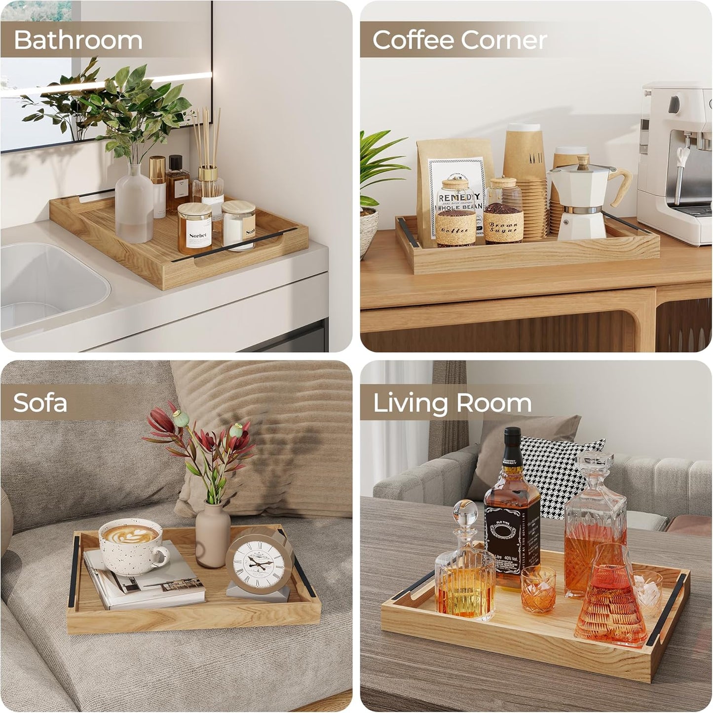 Axeman Wooden Serving Tray with Metal Handles|Ottoman Tray for Breakfast, Bed, Couch|17x13in Ash Wood Coffee Table Trays|Food Drinks Decorative Storage Boards for Ottoman Kitchen, Natural