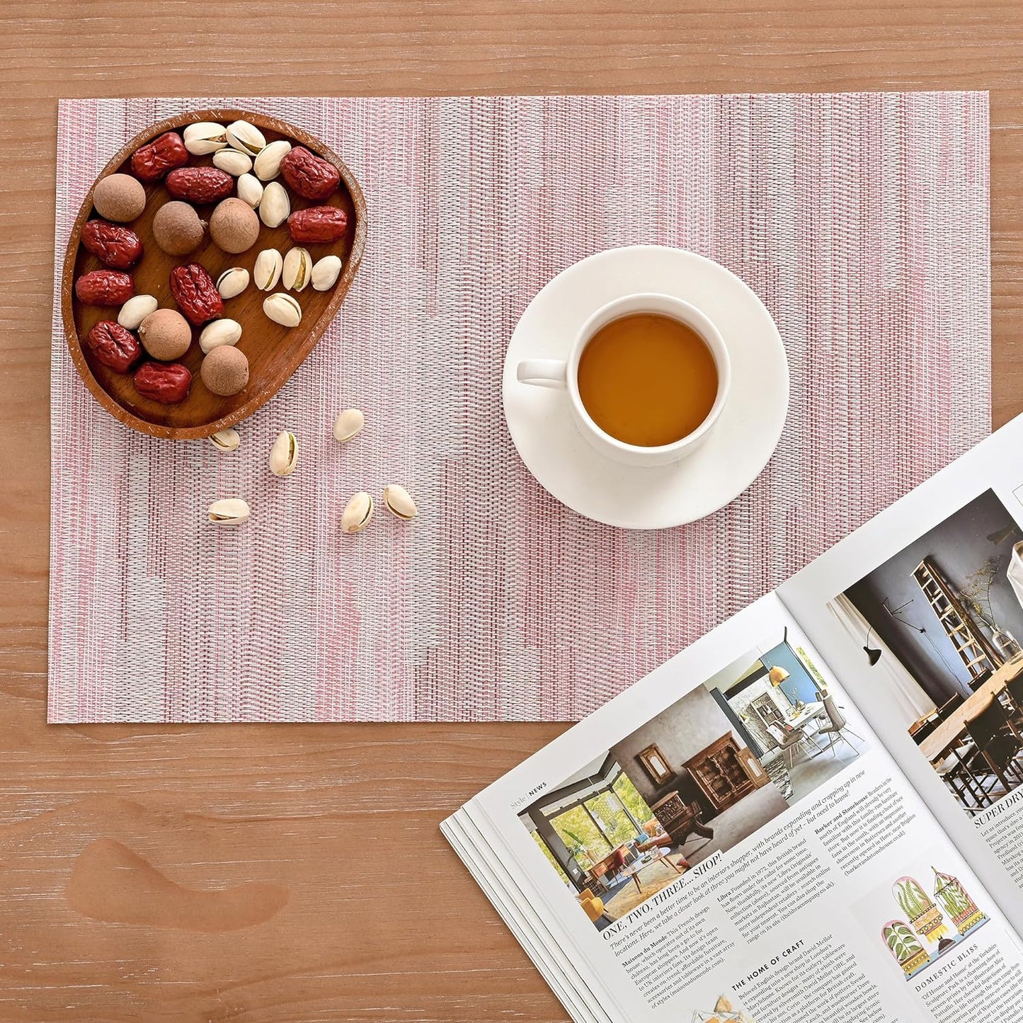 Leetaltree Misty Rose Placemats Set of 6 - Heat Resistant Non-Slip Place mats for Dining Table, Washable Durable PVC Vinyl Woven Table Mats（Misty Rose, 6）