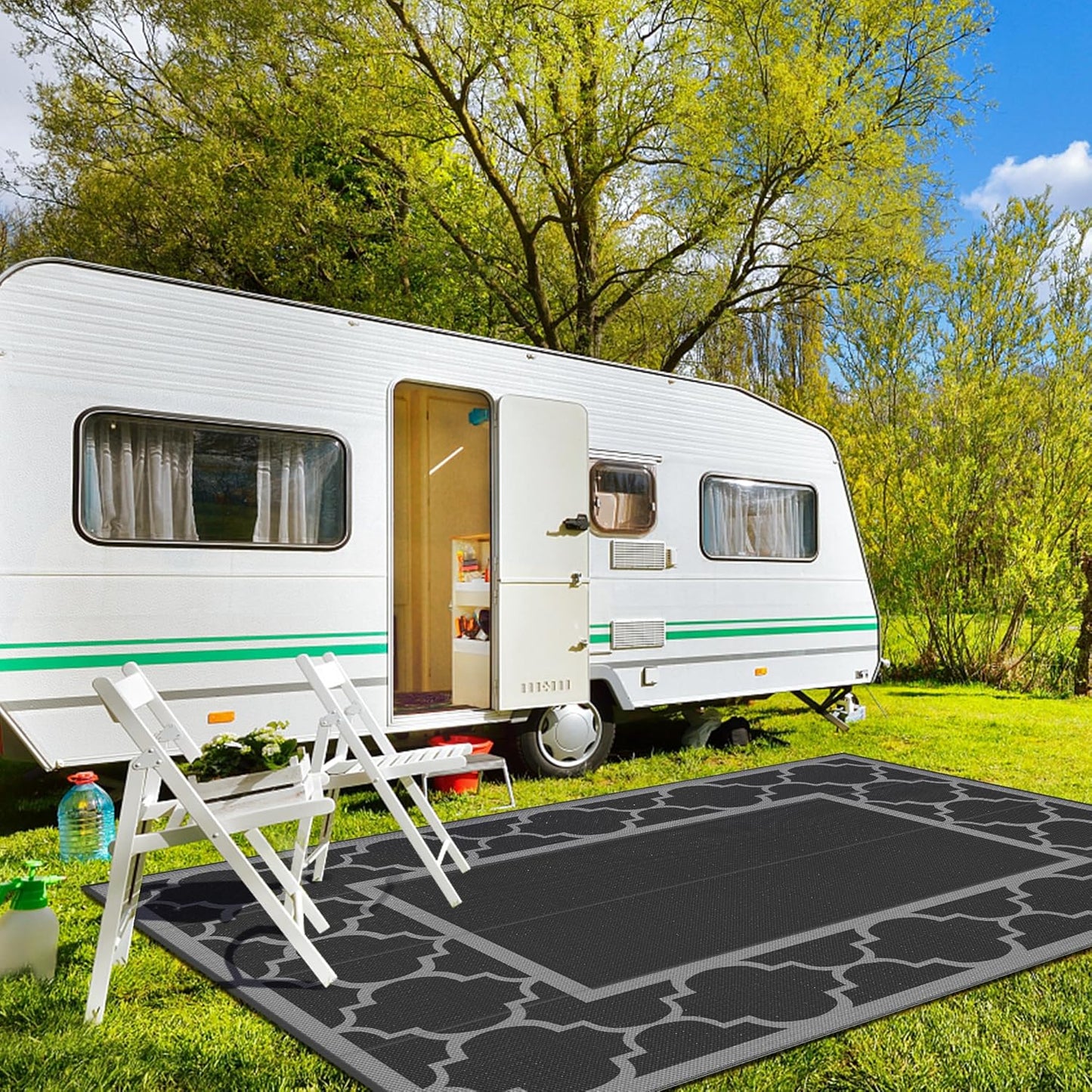 GENIMO 10 ' x 14 ' Outdoor Rug Waterproof for Patio Decor, Foldable Reversible Plastic Straw Area Rugs Mat for Camper, Outside Carpet for Rv, Deck, Porch, Picnic, Beach, Balcony, Black & Grey