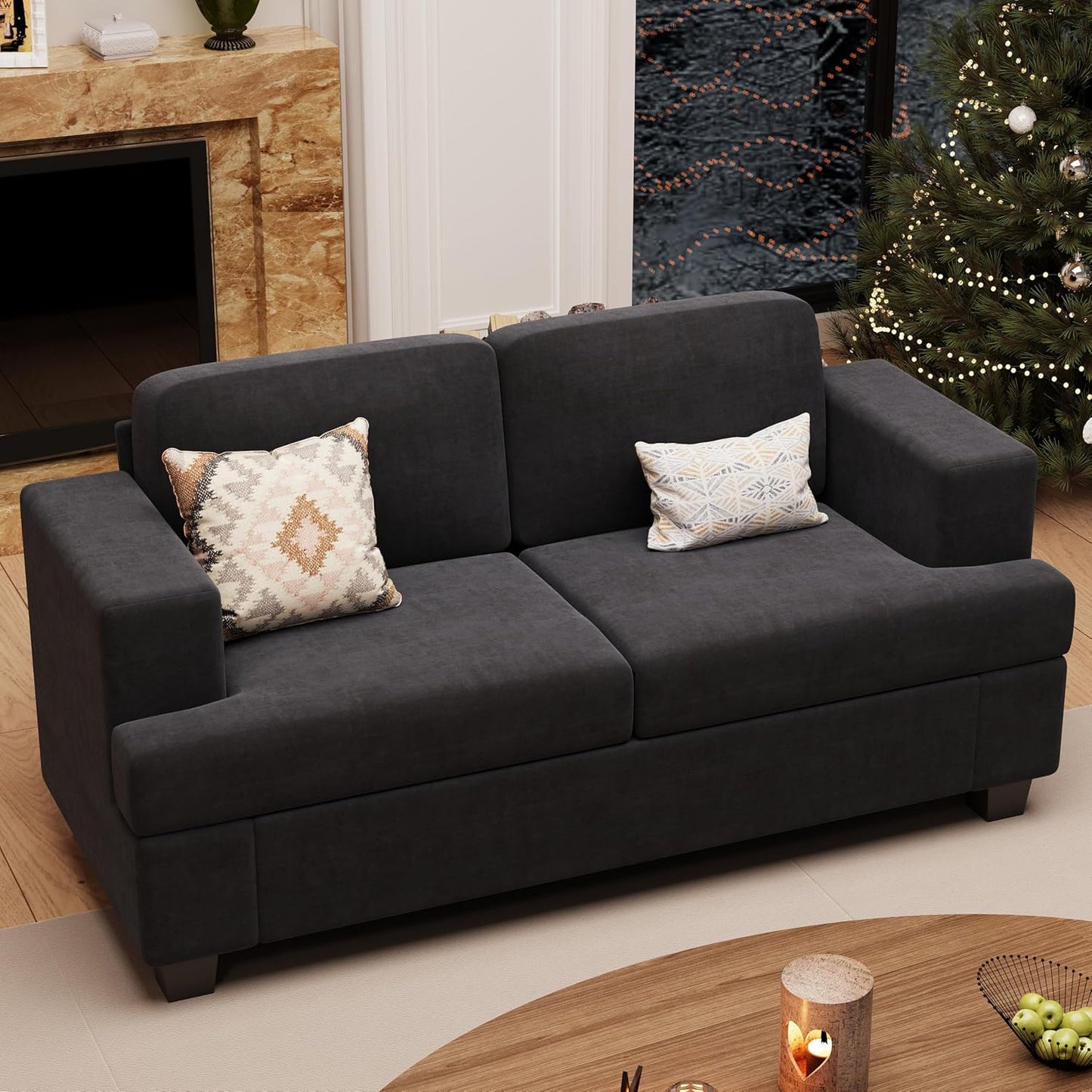 Sofa, 63” Comfy Loveseat Sofa with Deep Seats, Couch for Living Room, Modern Sleeper Couch, Dark Grey Chenille
