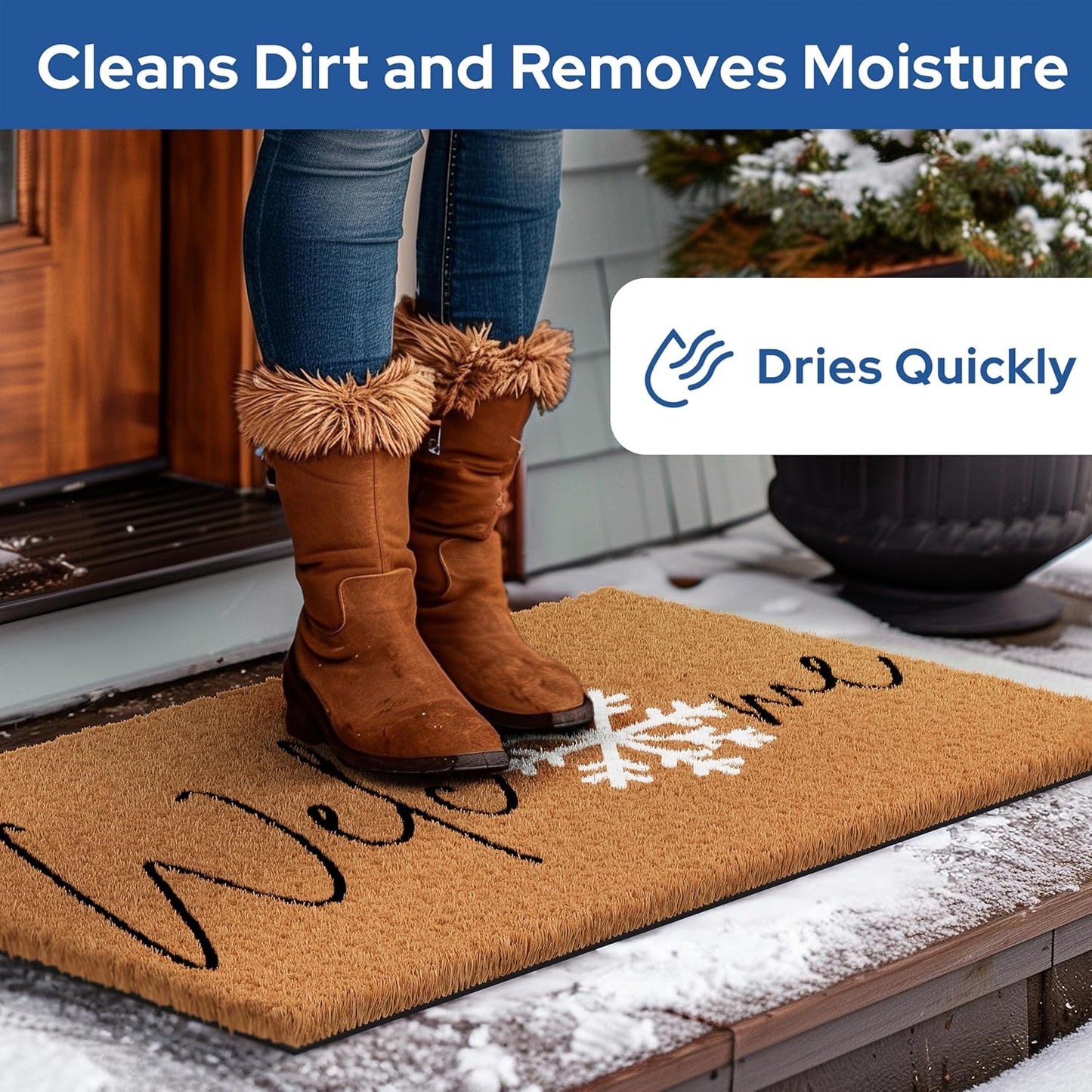 Barnyard Designs Natural Coco Coir Christmas Doormat - Large Cute Non-Slip Heavy Duty Backing Door Mat for Outside Entrance or Porch Entry, Brown (17x30, Winter Snowflake)