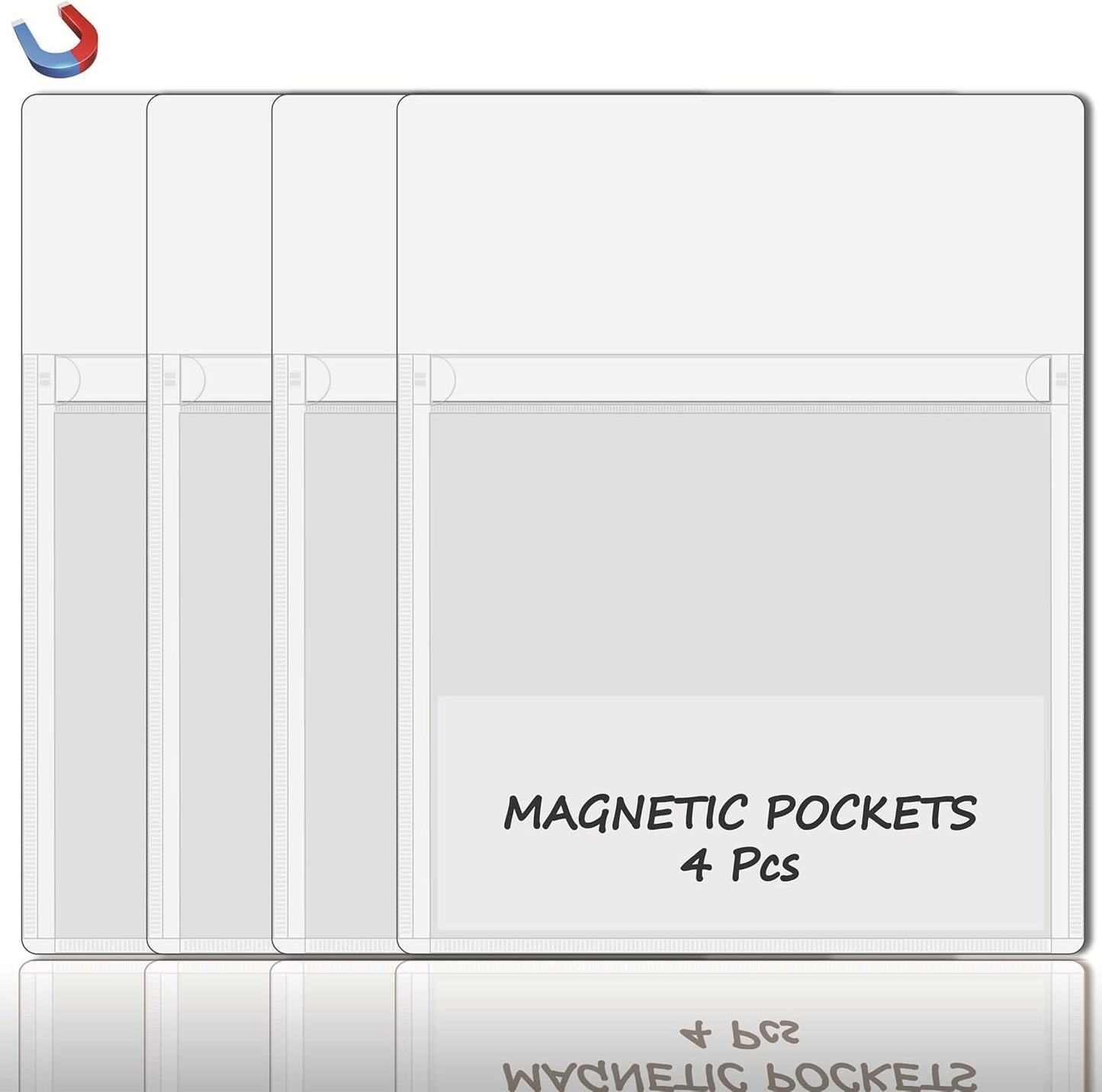 Magnetic Pocket 4 Pack – Self-Adhesive Magnetic Storage Pouch for Documents, Notes & Tools, Strong Magnet Backing for Fridge, Whiteboards, and Metal Surfaces (White 4Pcs)