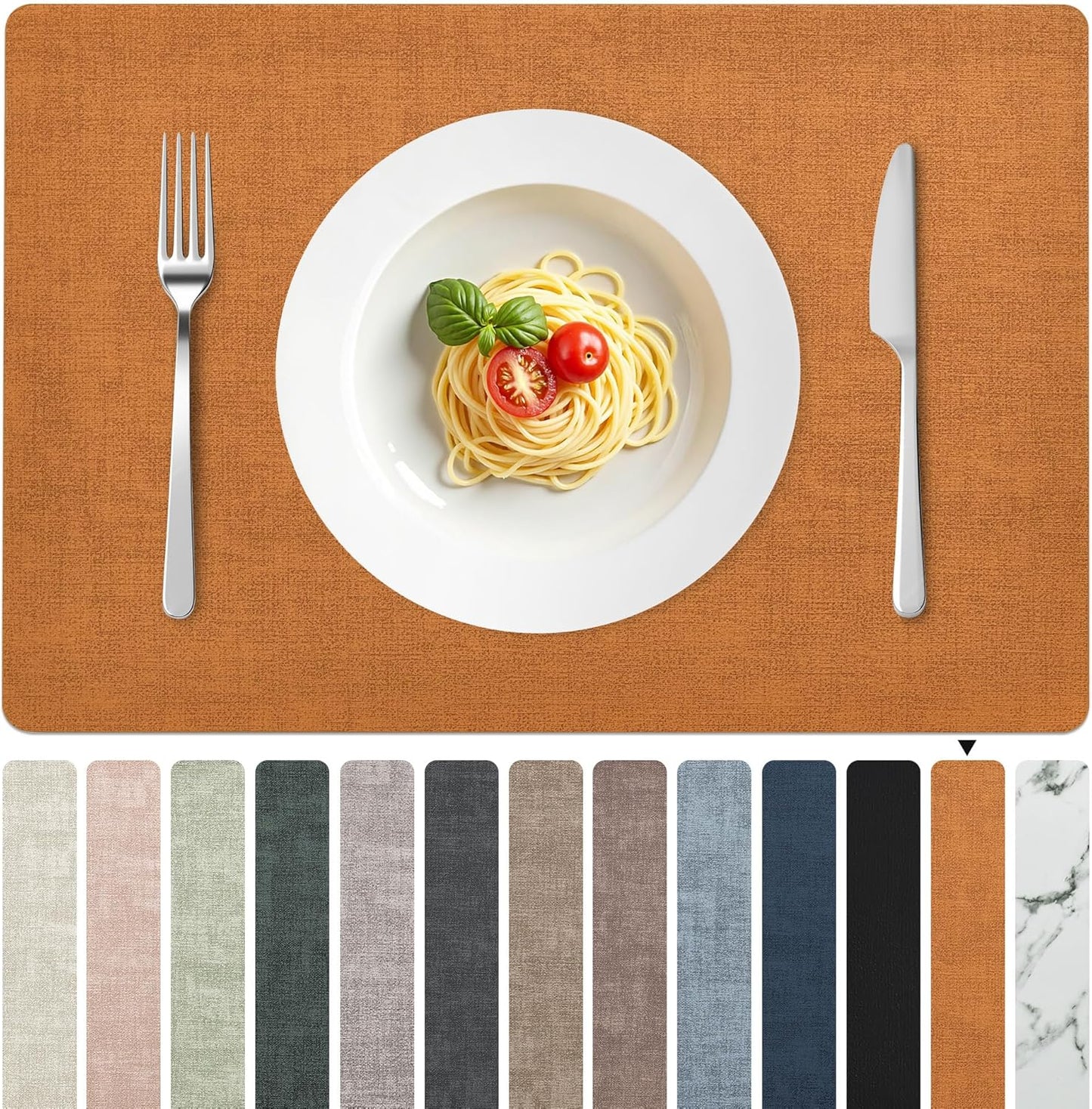 FROMHEART Faux Leather Placemats Set of 8–Waterproof,Heat/Oil Stain-Resistant PU Table Mat–Reversible,Non-Slip,Easy to Clean Place Mats for Kitchen,Dining,Indoor/Outdoor,(Orange-Grey,11.8" x 17")