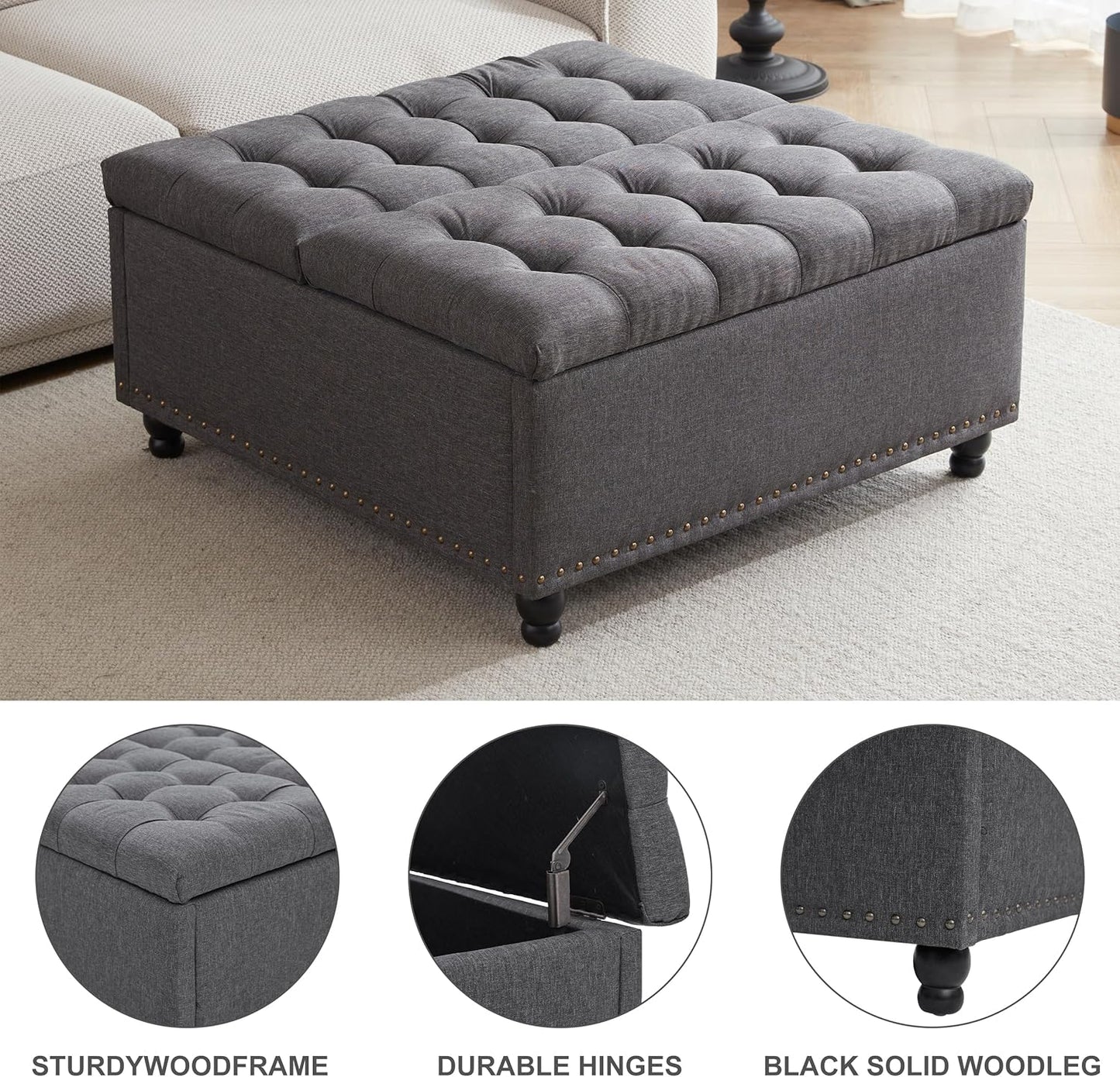 Tbfit Large Square Storage Ottoman Bench, Tufted Upholstered Coffee Table Ottoman with Lift Top & Wooden Legs, Oversized Storage Ottomans Toy Box for Living Room (Dark Grey)