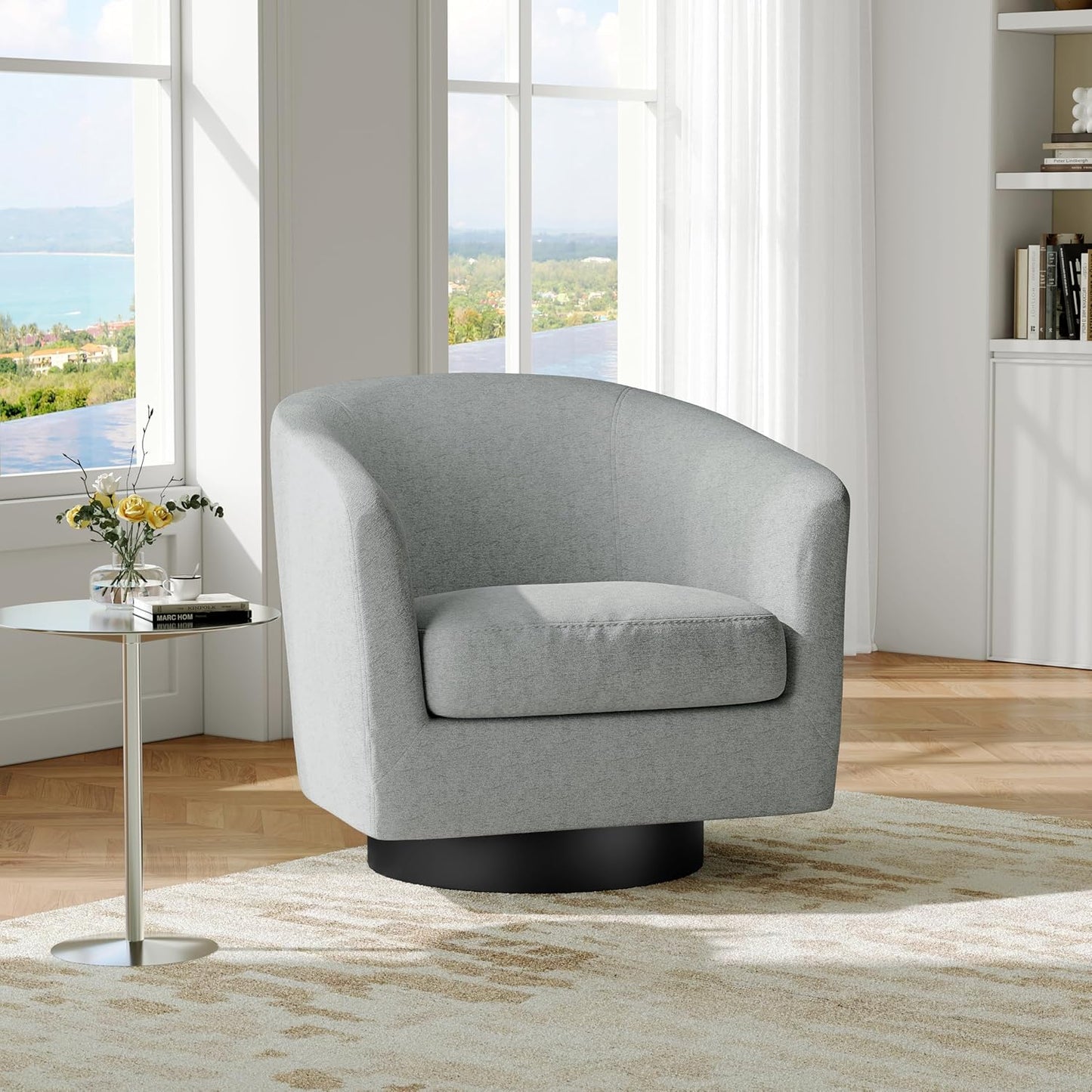 Swivel Barrel Accent Chair, Modern Round Chenille Fabric Arm Chair for Living Room, Bedroom, Comfy Club Reading Chairs for Adults（Chenille Fabric, Light Grey, Set of 1