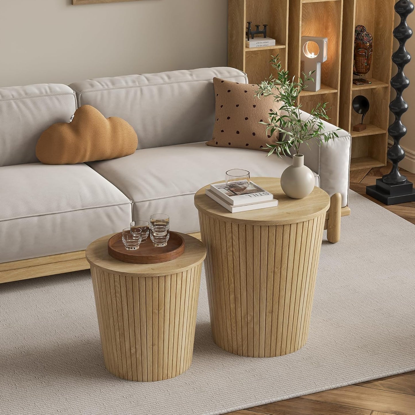 Nest Coffee Table Set of 2 with Round End Table, Farmhouse Design, Removable Wood Top and Wood Basket Base for Blanket Storage, Modern Design for Living Room