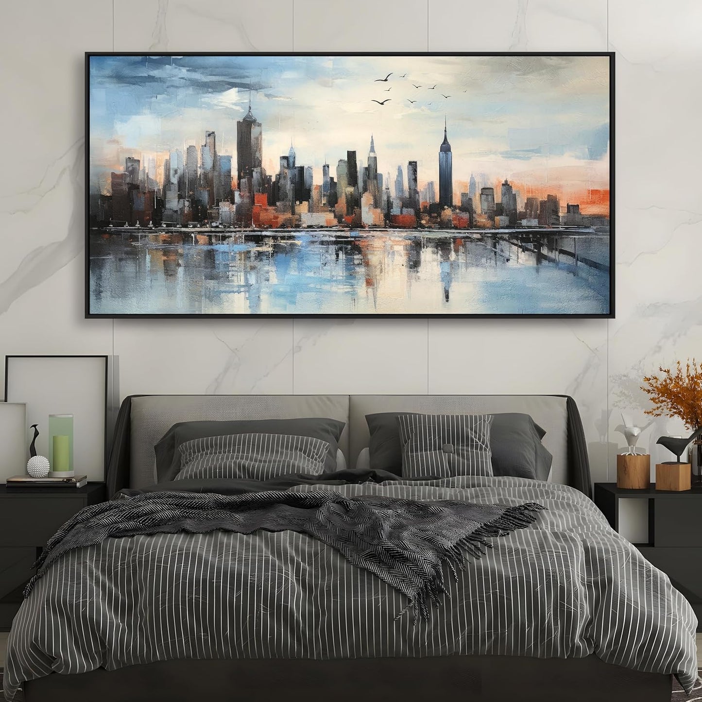 Wall Art Framed Abstract Cityscape Wall Decor Canvas Prints Blue Colorful City Theme Paintings Modern Artwork for Living Dining Room Bedroom Office Decoration 20"x40"