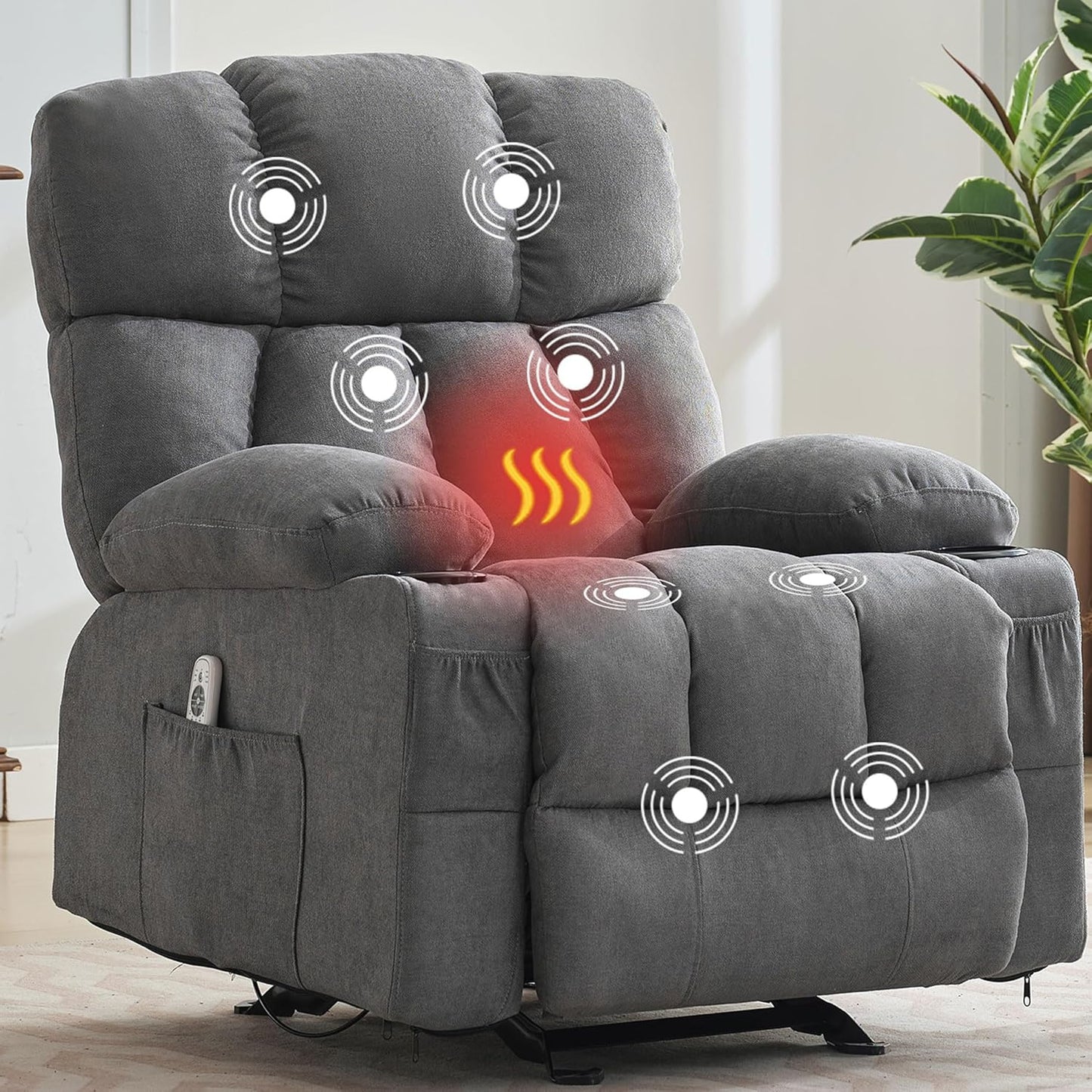 Massage Rocker Recliner Chair with Heat, Ergonomic Overstuffed Reclining Lounge Chair with Side Pockets, USB Charging Port, Sturdy Metal Frame, Comfortable Modern Design for Living Room