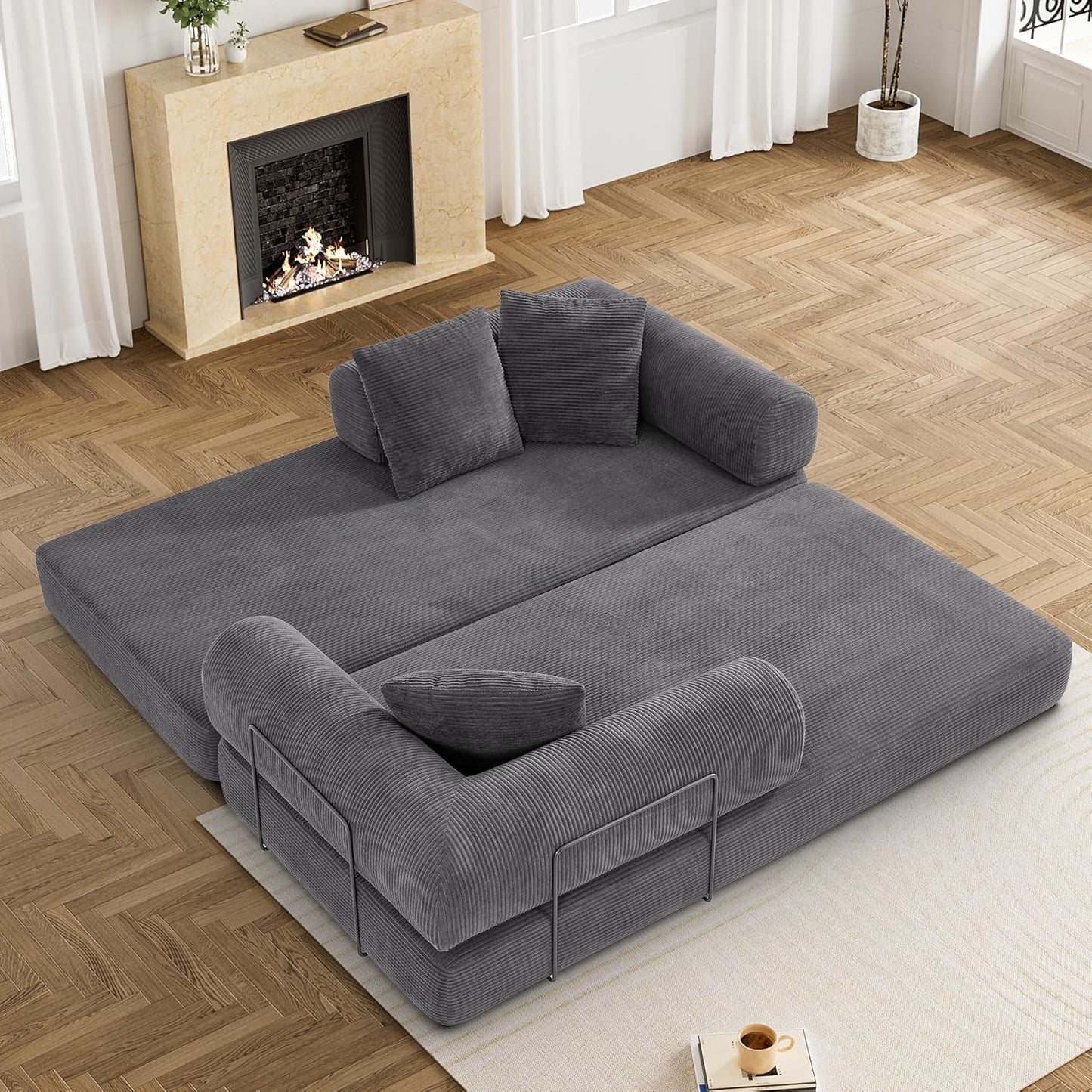 Convertible Sleeper Sofa Bed with Pillow, 4-in-1 Corduroy Folding Mattress Couch with Fixed-Shape Frame, Futon Fold Out Floor Sofa Cama Lounge Couch for Living Room Bedroom Studio, Grey