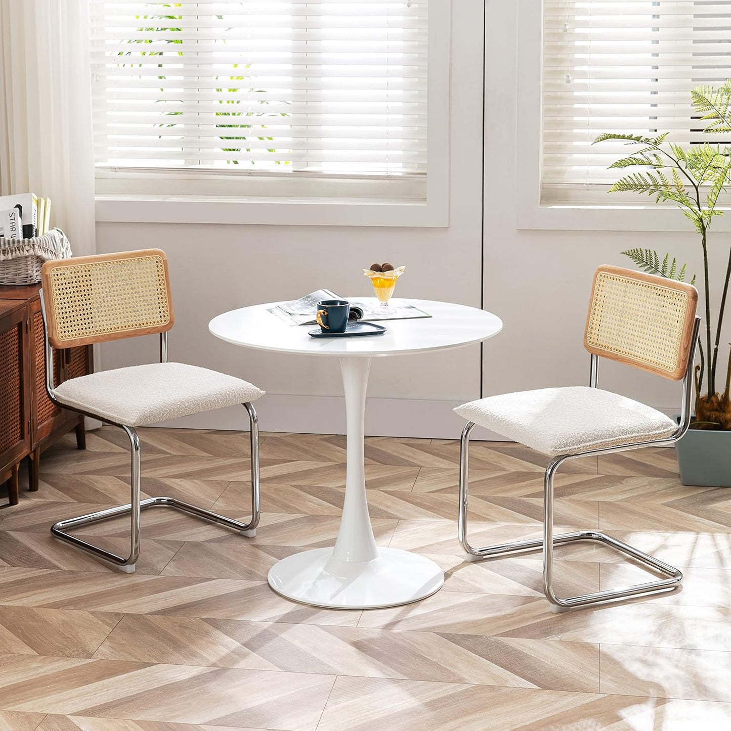 Mid Century Modern Rattan Dining Chairs Set of 2, Boucle Kitchen Chairs with Handwoven Mesh Rattan Backrest and Metal Legs, Upholstered Accent Side Chairs, White