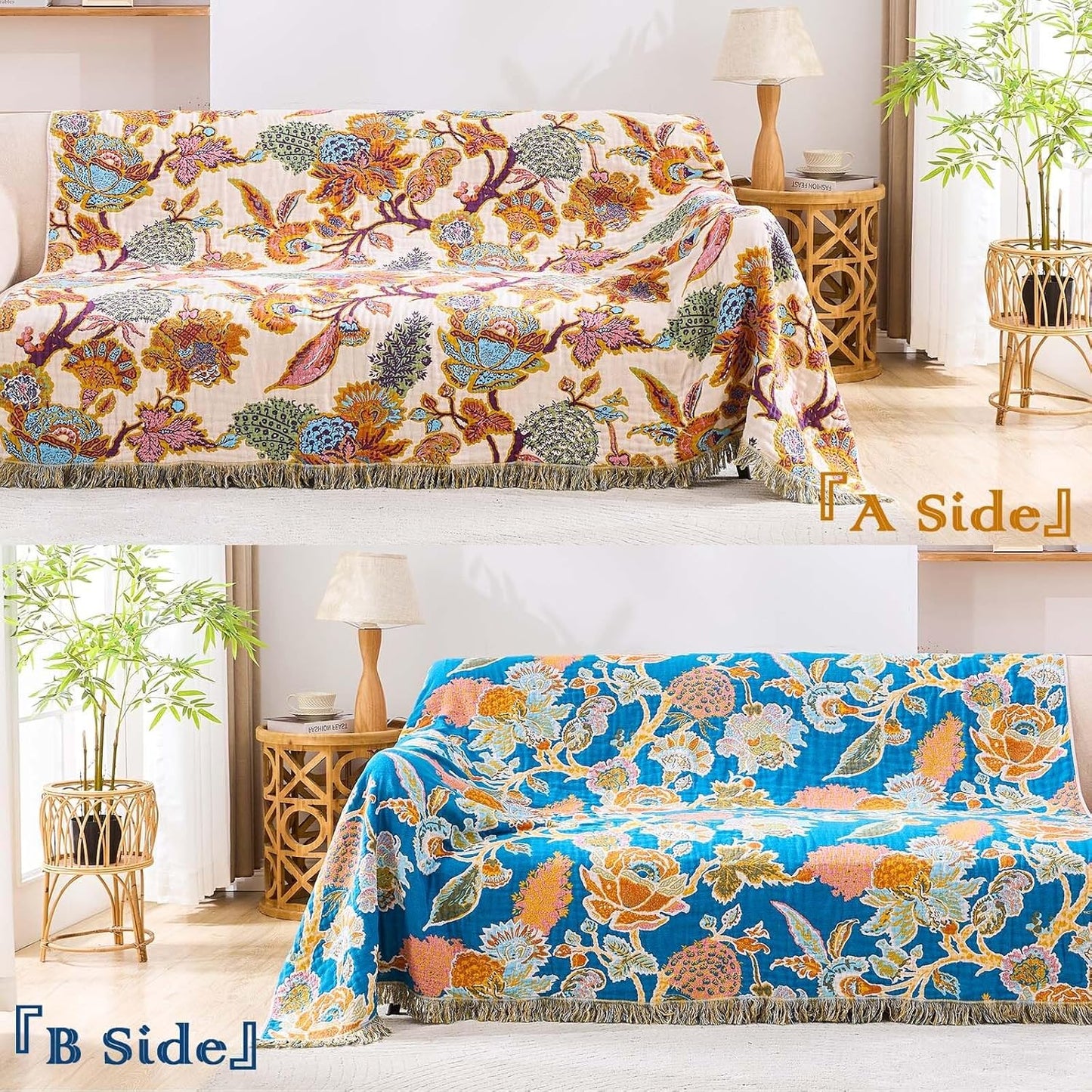 Boho Throw Blanket for Bed, 100% Cotton Soft Rustic Quilt Fall Blanket, 60"x80" Floral Printed Farmhouse Decor Bed Blankets, All Season Rustic Reversible Bohemian Throw Quilt