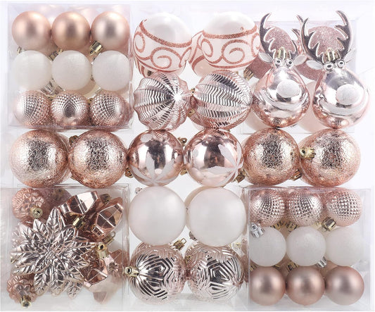 100-Pack Various Shatterproof Christmas Balls, Christmas Decorative Ball Ornaments for Xmas Tree- Rose Gold