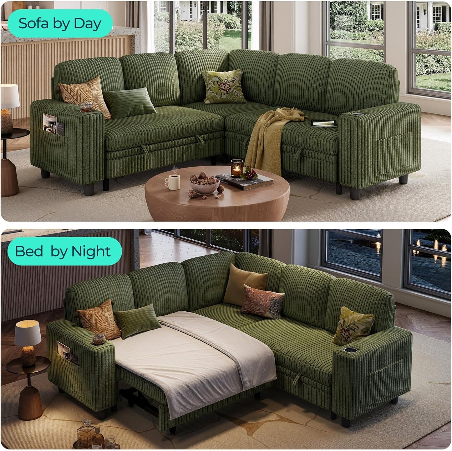 LINSY HOME Sectional Sleeper Sofa with Pull Out Couch Bed - Convertible Plush Corduroy Cloud Couch with Storage Chaise & USB Charging, Comfy L Shaped Modular Couches for Living Room Apartment, Green