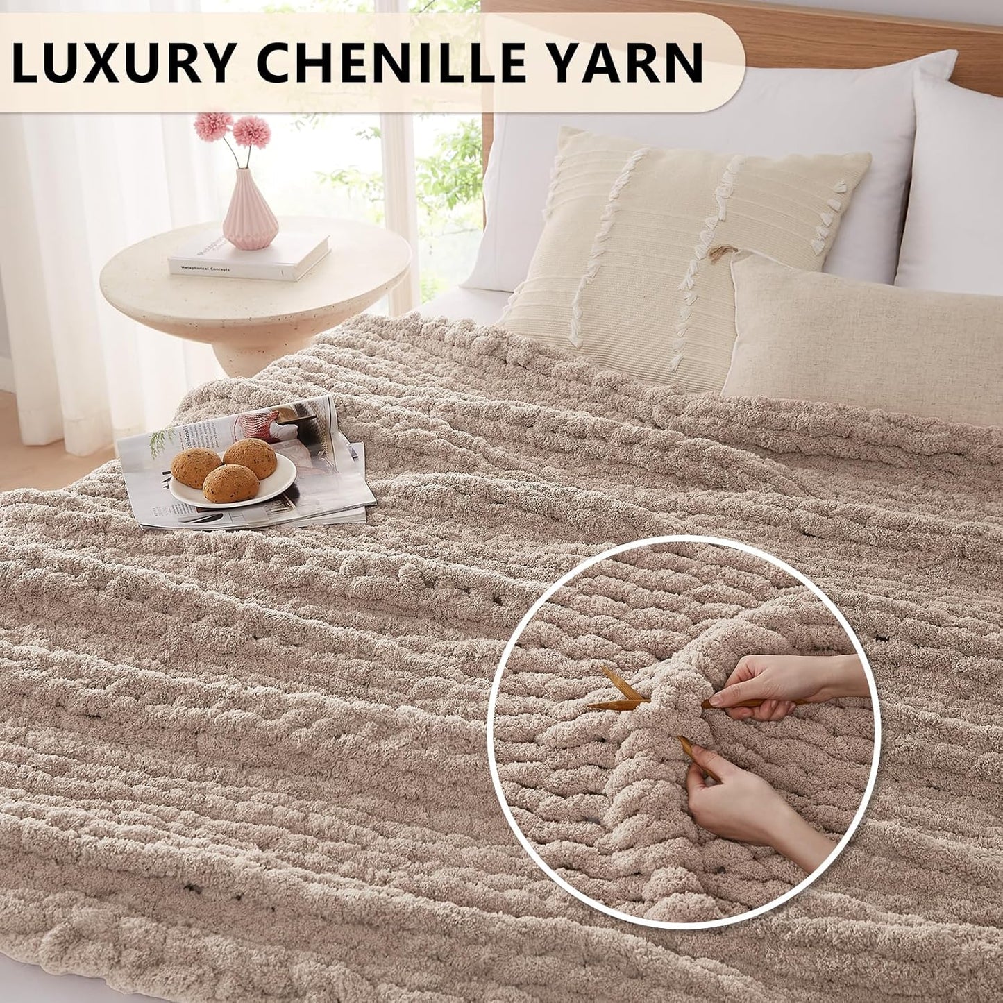 L'AGRATY Chunky Knit Blanket Throw: 50''x60'' Chenille Chunky Knitted Throw Blanket for Bed Couch - Handmade Thick Big Cable Knit Blanket - Large Crochet Rope Blanket for Home Decor(Light Taupe)