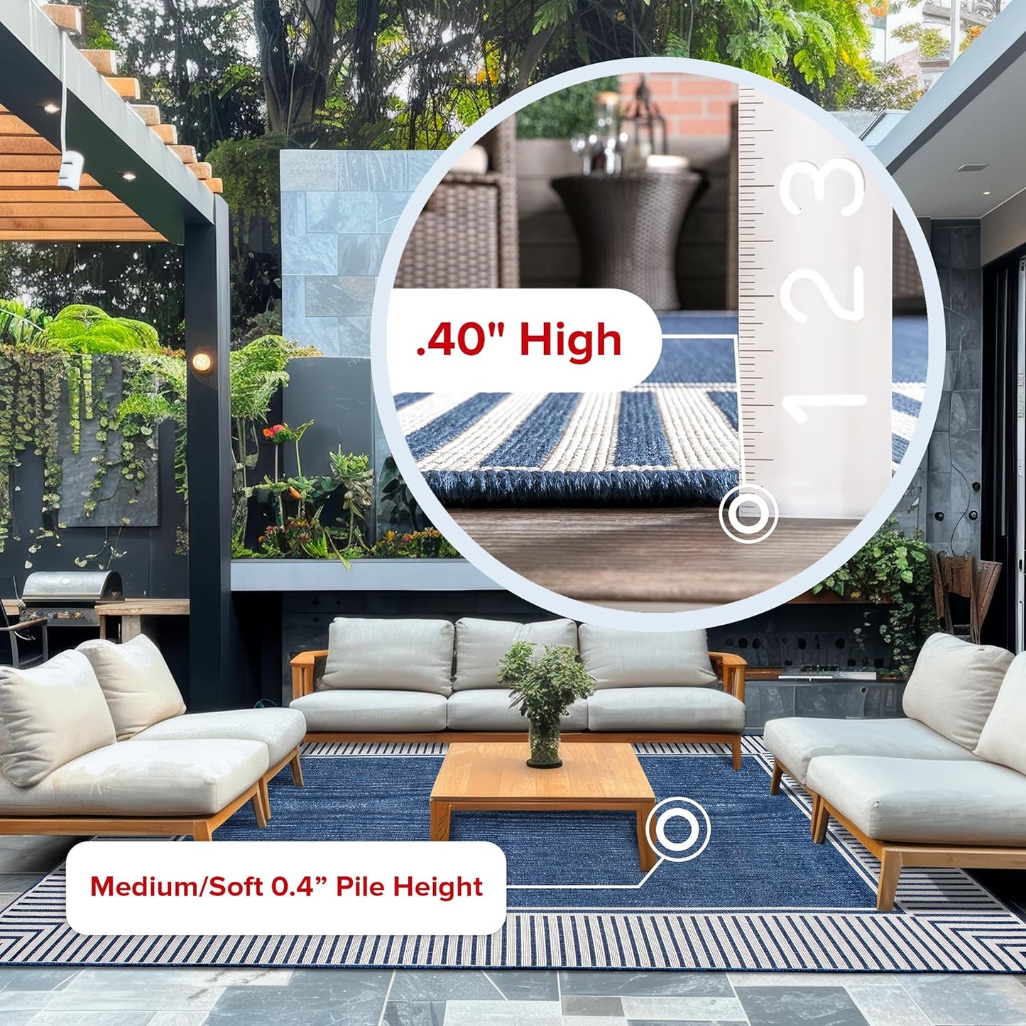 nuLOOM 4' x 6' Outdoor Area Rug, Casual Design With Striped Border, Stain Resistant, Highly Durable, For Patio, Balcony, Bedroom, Living Room, Dining Room, Bathroom, Navy