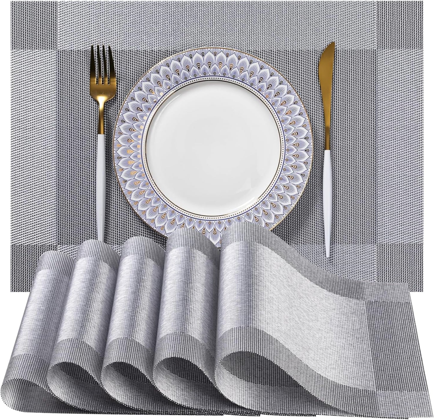LEXMORE Placemats Set of 6 Vinyl/Plastic Woven Place Mats for Kitchen Table Indoor/Outdoor Washable Placemat Wipeable Dining Table Mats(G-Silver Cube)