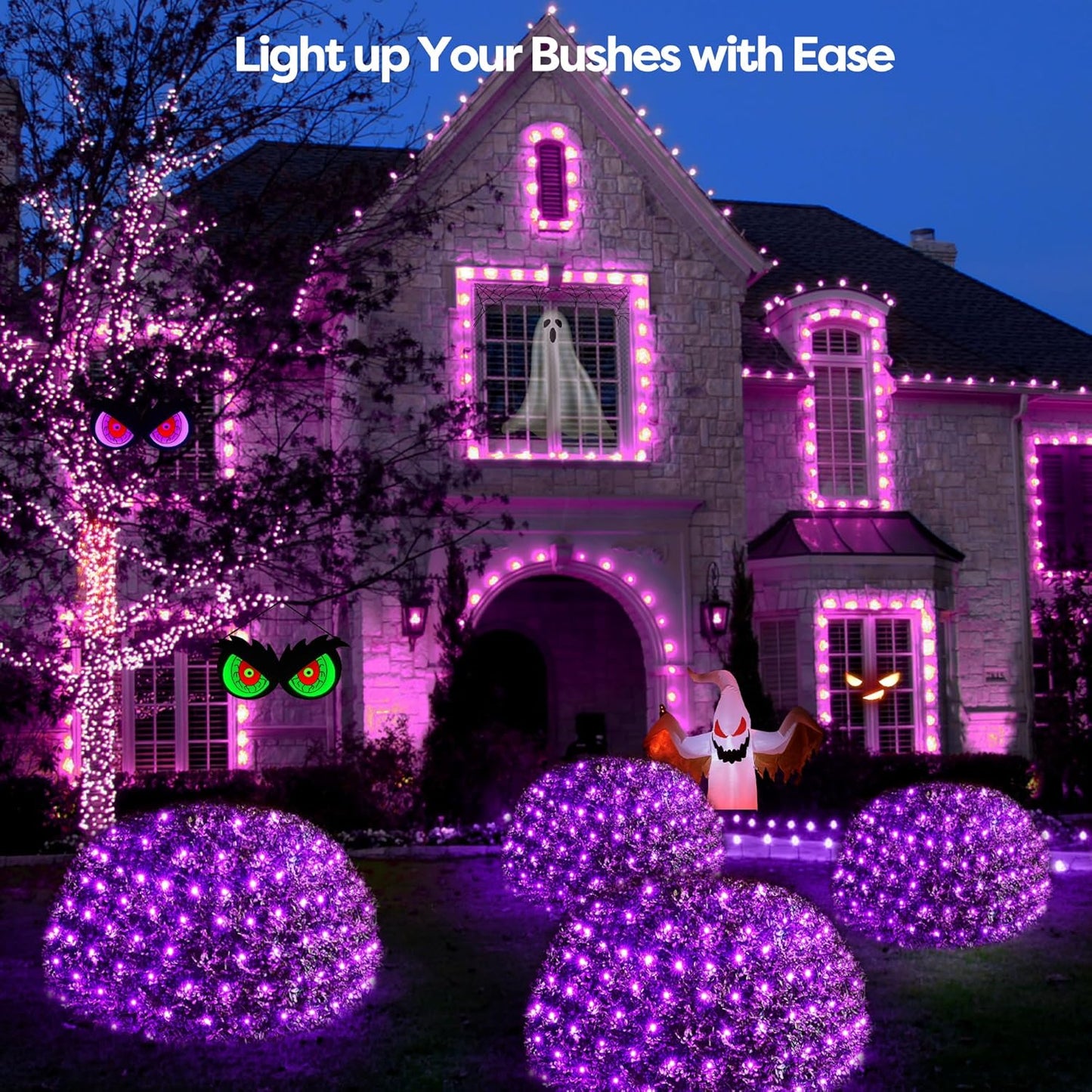 WBao Halloween Lights Outdoor 360LED 11.5ft x 6.9ft Halloween Net Lights with 8 Modes, Timer, Connectable, Waterproof & Dark Green Wire for Lawn, Bushes, Shrubs Outdoor Holiday Decorations, Purple