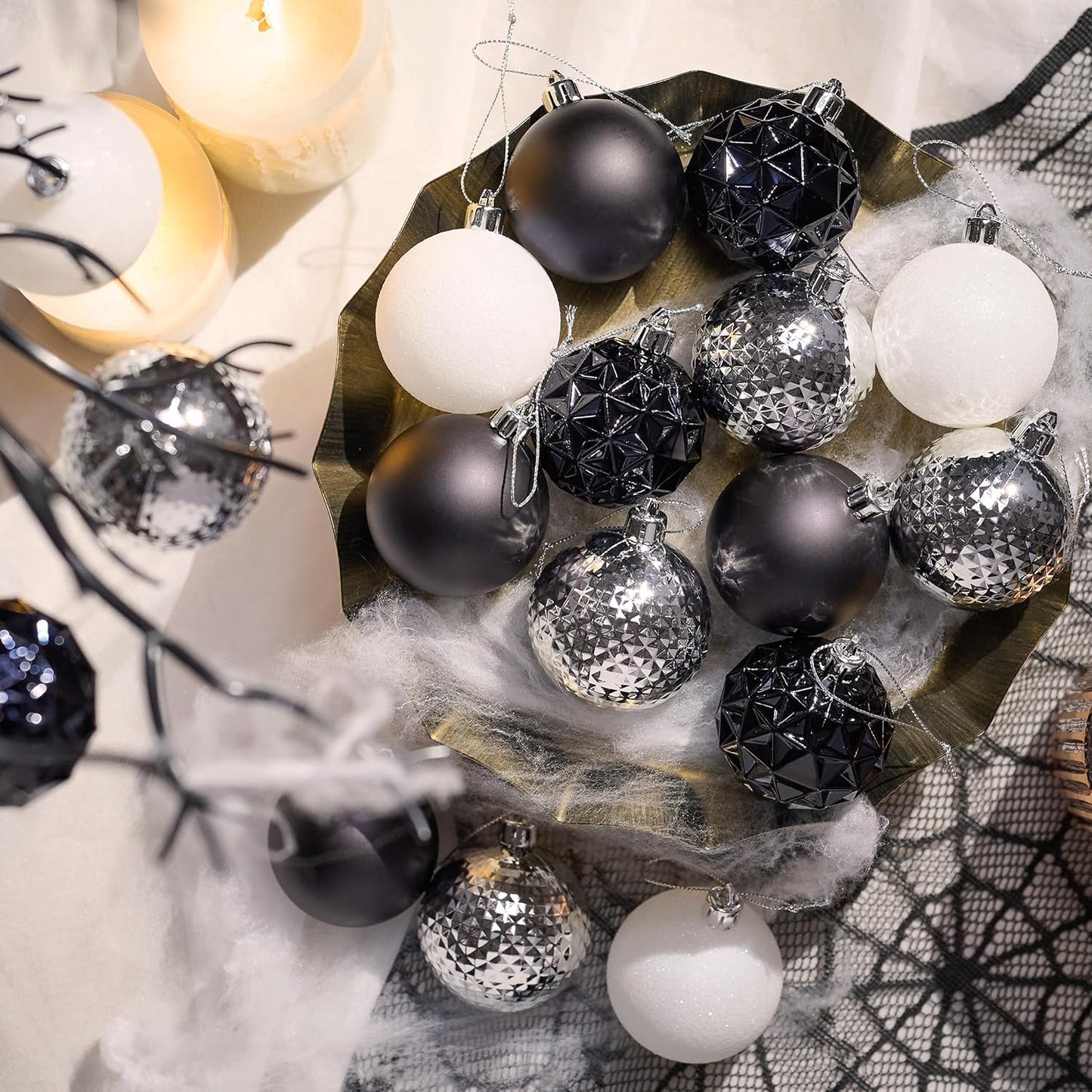 Valery Madelyn Christmas Tree Decorations Ornament Set for Fall Halloween Decor, 50ct Black and White Shatterproof Christmas Ball Ornaments Bulk, 2.36 Inches Hanging Decor for Xmas Holiday Party