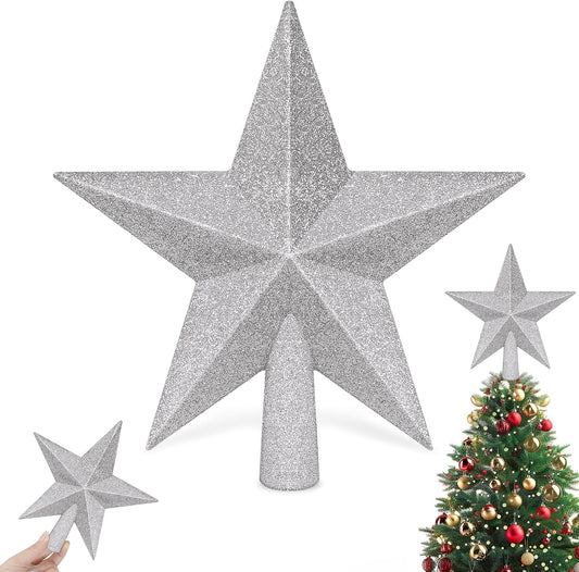 Tree Topper Star, 8" Silver Christmas Tree Topper with Glitter, 3D Bethlehem Star Xmas Tree Topper Decorations, Waterproof Shatter-Proof Tree Decoration for Christmas Holiday Home Indoor and Outdoor