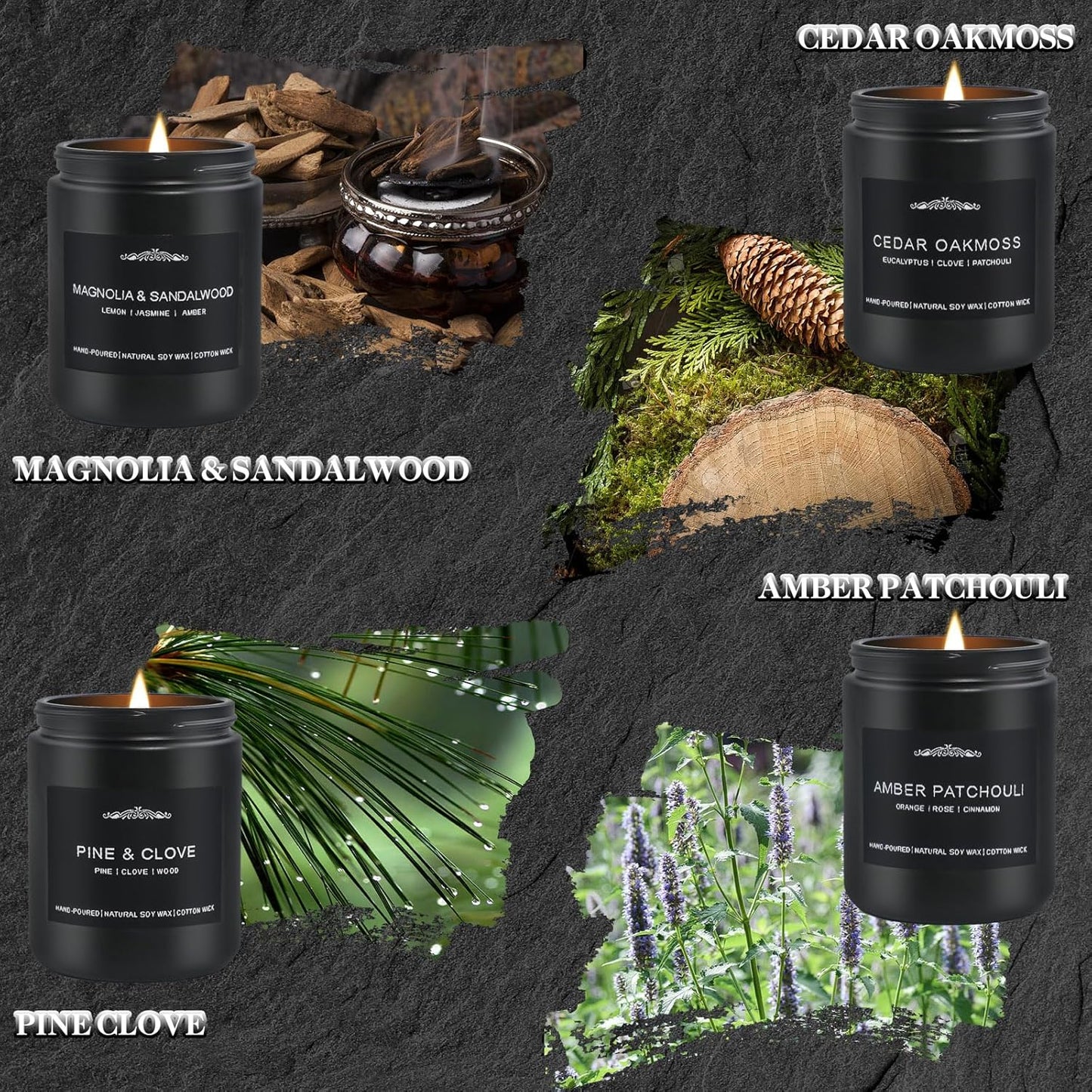 Scented Candle Set for Men, 4 Pack Black Jar Candles with Manly Scents – Amber Patchouli, Magnolia Sandalwood, Cedar Oakmoss, Pine Clove, Soy Wax Aromatherapy Gift for Him, Dad, Husband, Father's Day
