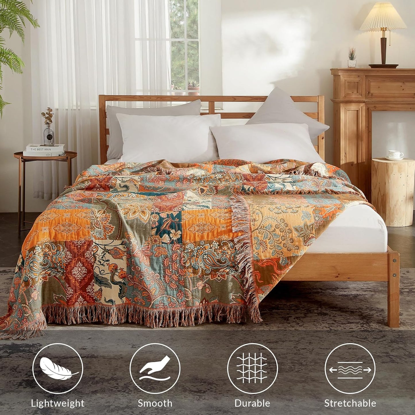 Boho Throw Blanket for Couch Sofa Bed, 100% Cotton Woven Quilt with Tassel 60”x80”, Super Soft Muslin Blanket with Floral Printed, Decorative Reversible Bed Blanket/Cover for All Seasons