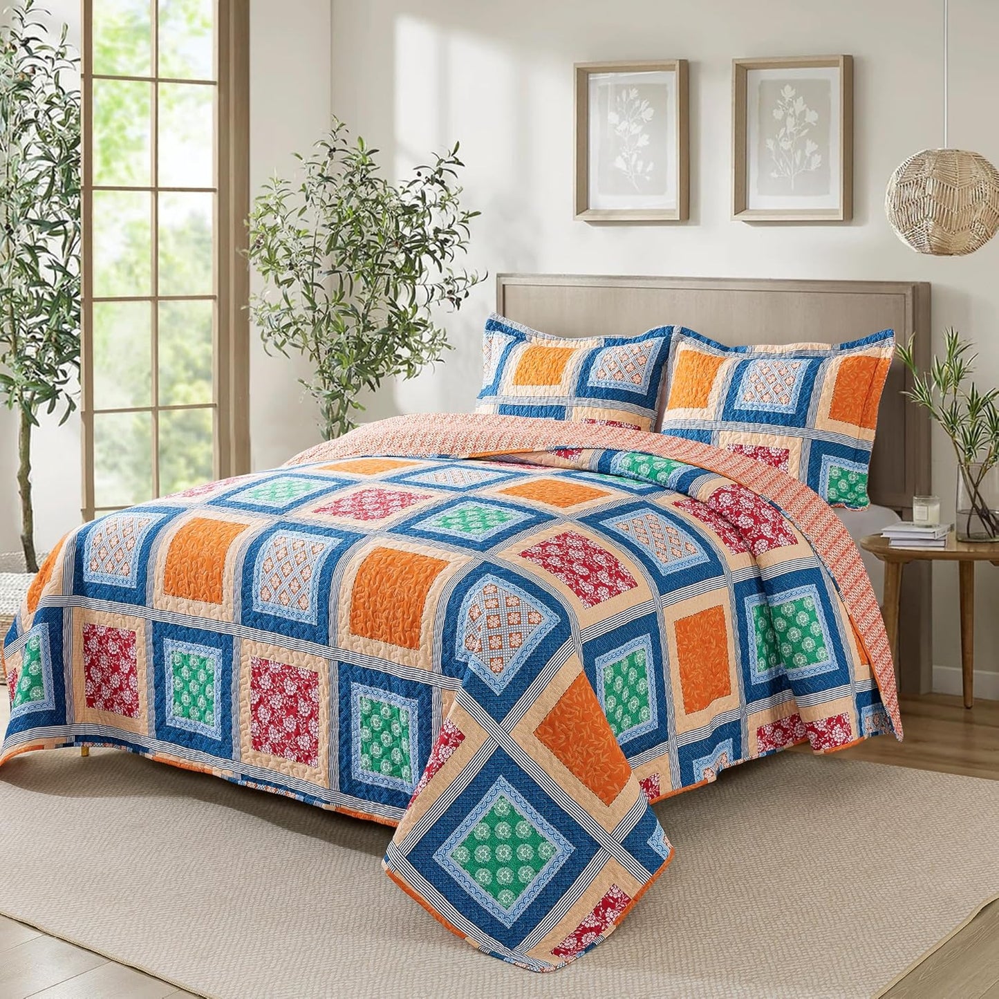 NEWLAKE Quilt Bedspread Sets - Bohemian Farmhouse Pattern Reversible Coverlet Set, Queen Size