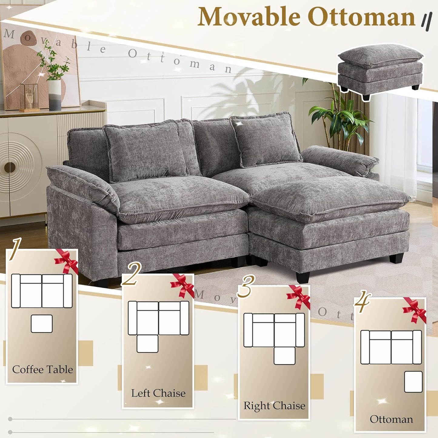 URRED Modular Sectional Sofa Comfy Cloud Couch, Modern Chenille Sofa Sleeper Deep Seat Couches with Ottoman/Pillows for Living Room (Gray, 82.6''- L Shape)