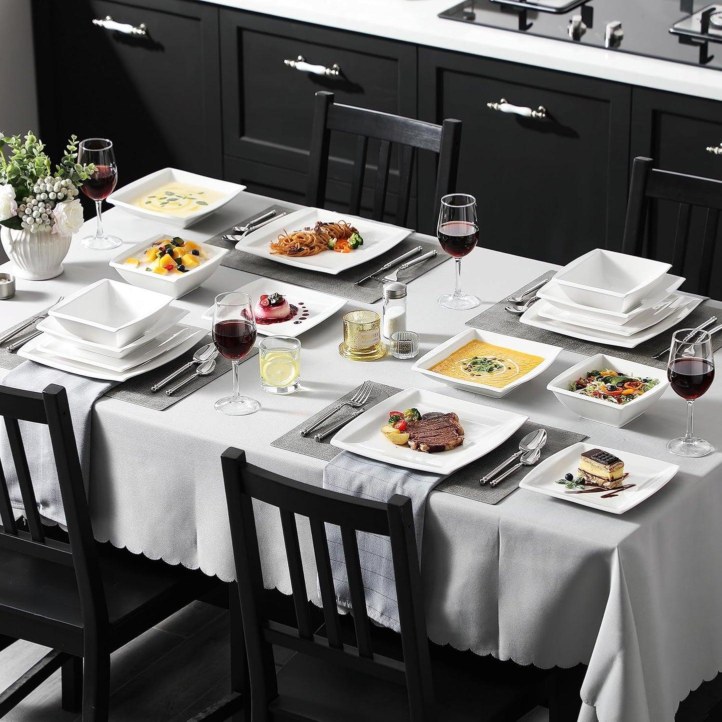 MALACASA Plates and Bowls Sets, Square Dinnerware Sets for 6 (30pcs), Series Blance