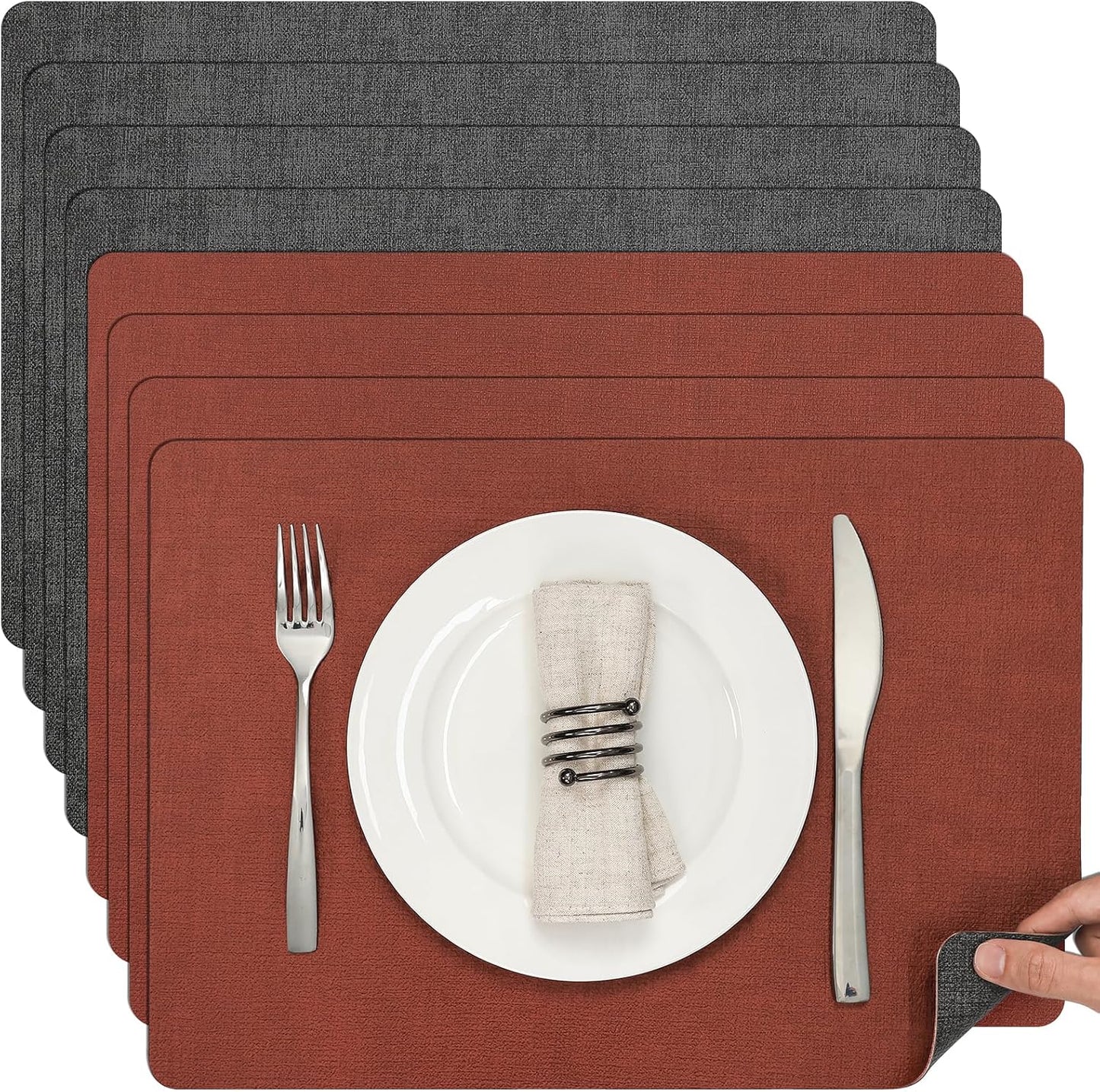 Myir JUN Dual Sided Faux Leather Placemats Set of 8 for Indoor Outdoor Dining Tables, Square Non-Slip Washable Wipeable Table Mats (Gray Terracotta, Set of 8)