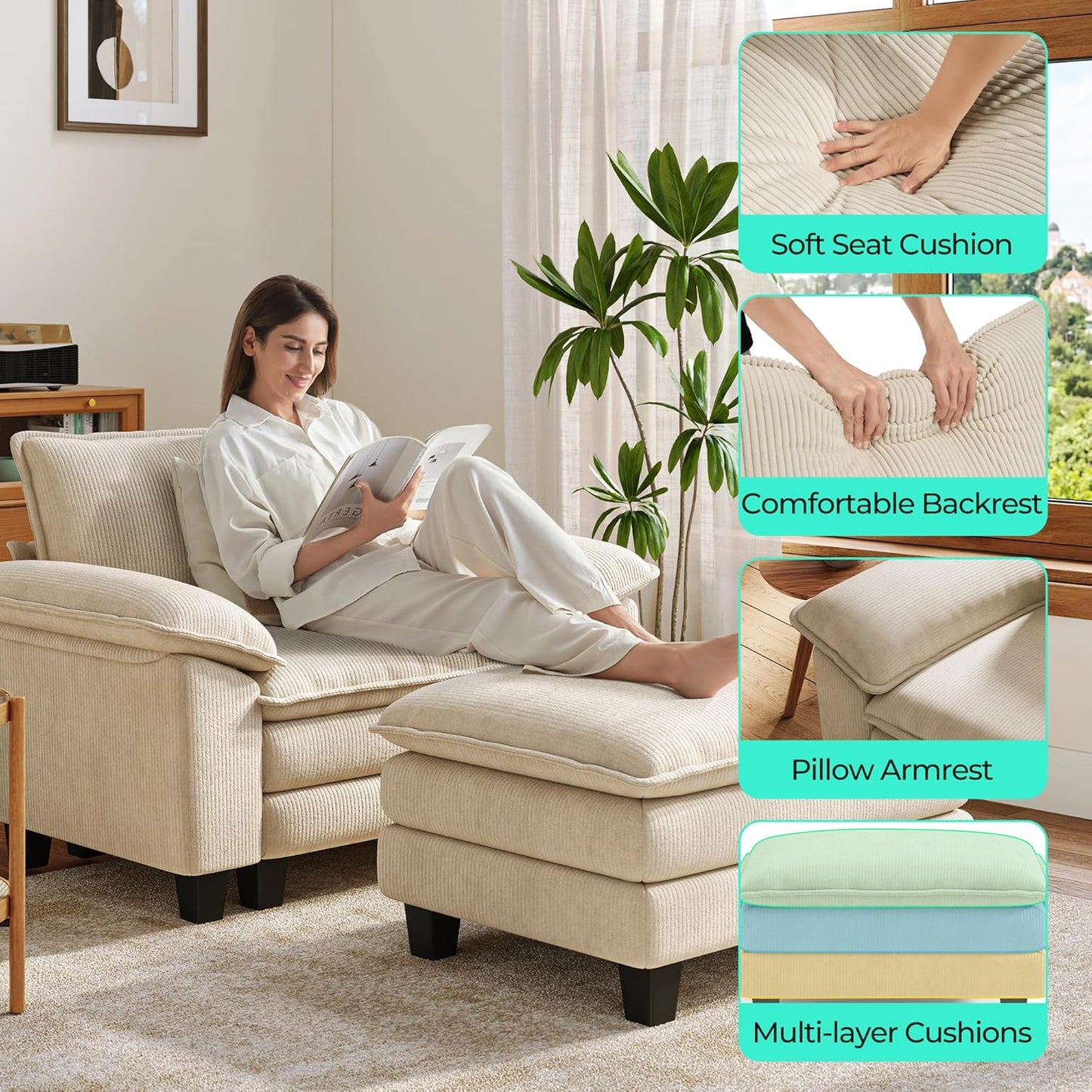 LINSY HOME Sofa Chair with Movable Ottoman - Corduroy Cloud Couch Chair Soft Comfy Modern Sofa Chaise Single Sleeper Chair Bed for Living Room Apartment Office, Beige