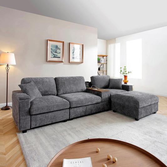 120.3" Modern L-Shaped Sectional Sofa with 360°Swivel Drop-Down Table, Storage Armrest, USB Ports & Movable Storage Ottoman – Plush Linen Cloud Couch for Lounge (Grey)