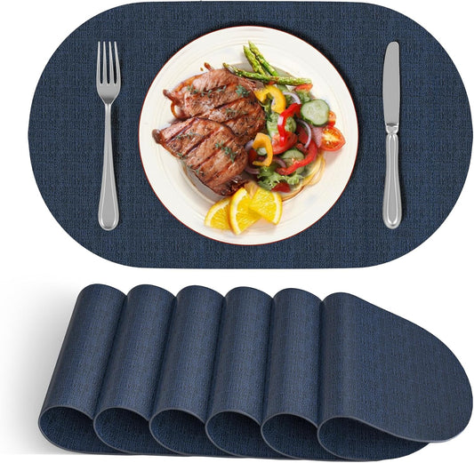 DOLOPL Placemats Set of 6, Oval Reversible Wipeable & Heat Resistant Place Mats, Modern Faux Leather Table Mats for Kitchen, Neutral Tablemats for Dining Table Decor, Wedding, Party(Navy Blue)