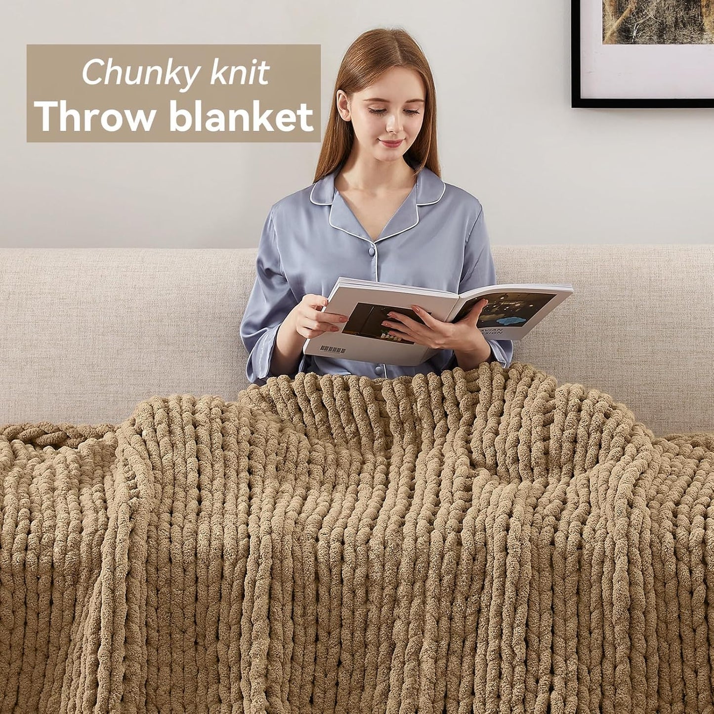 Chunky Knit Throw Blanket, 40''*50'' Knitted Throw Chenille Yarn for Bed Couch, Handmade Light Brown Crochet Big Thick Blanket, Machine Washable Cute Comfy Blanket for Home Decor