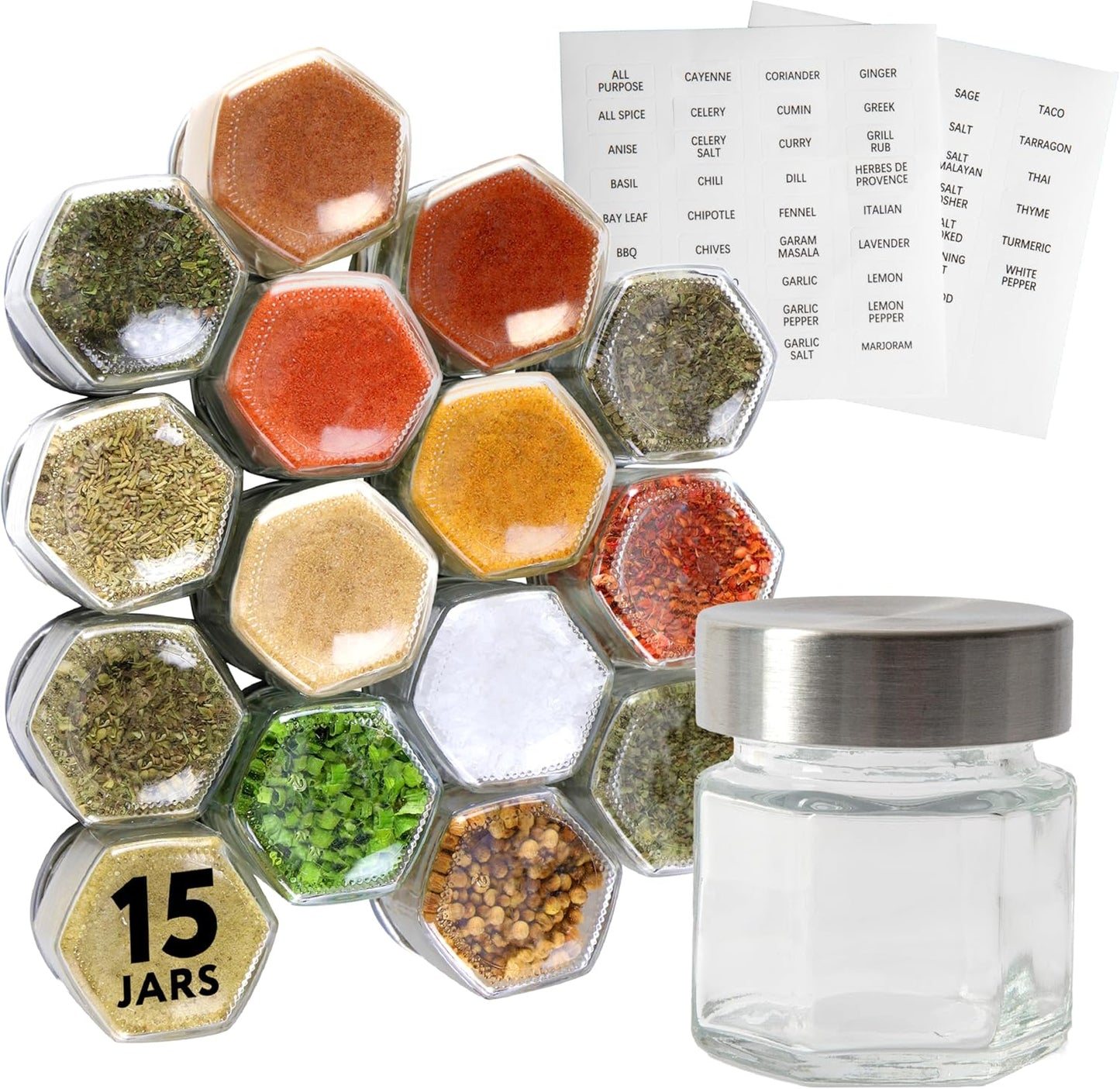 IMPRESA Hexagon Magnetic Spice Jars - 15 Pack 1.74 oz Glass Jars With Stainless Steel Lids - Airtight Magnetic Seasoning Containers & Space-Saving Honeycomb Fridge Magnets - 60 Preprinted Labels