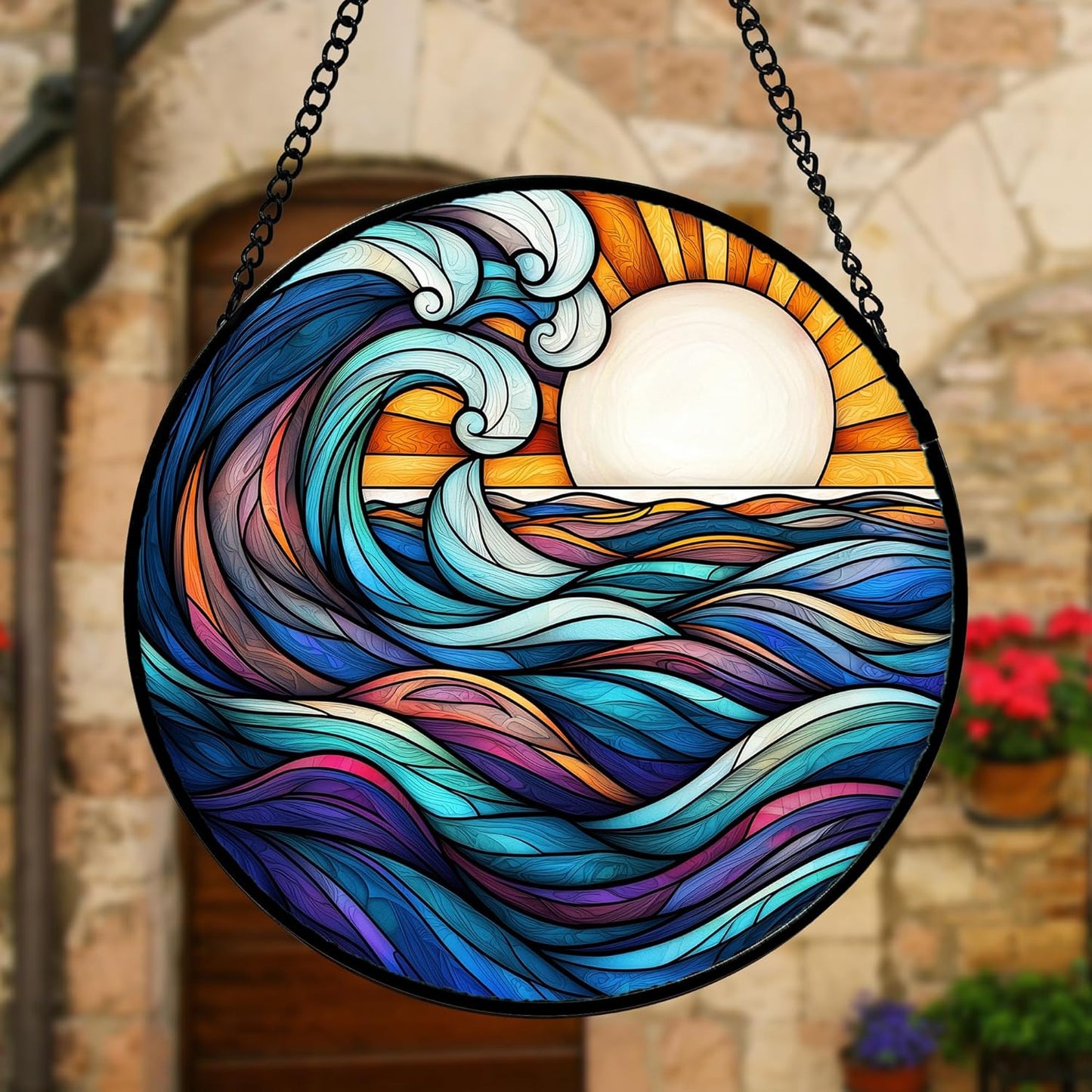 Stained Glass Window Hanging, Big Wave Sun Suncatcher Diamond Glass Panel Hangings Abstract Sun Catchers Decor for Birthday for Women, Men, Wife, Aunt,and Mom 6.3X6.3IN