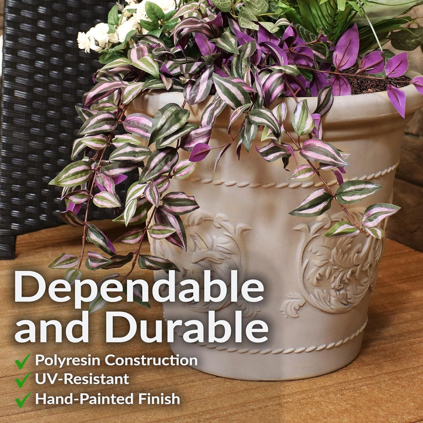 Sunnydaze 19.5-Inch Arabella Large Plant Pot - Polyresin Round Outdoor Planter with Drillable Drainage Holes - Beige