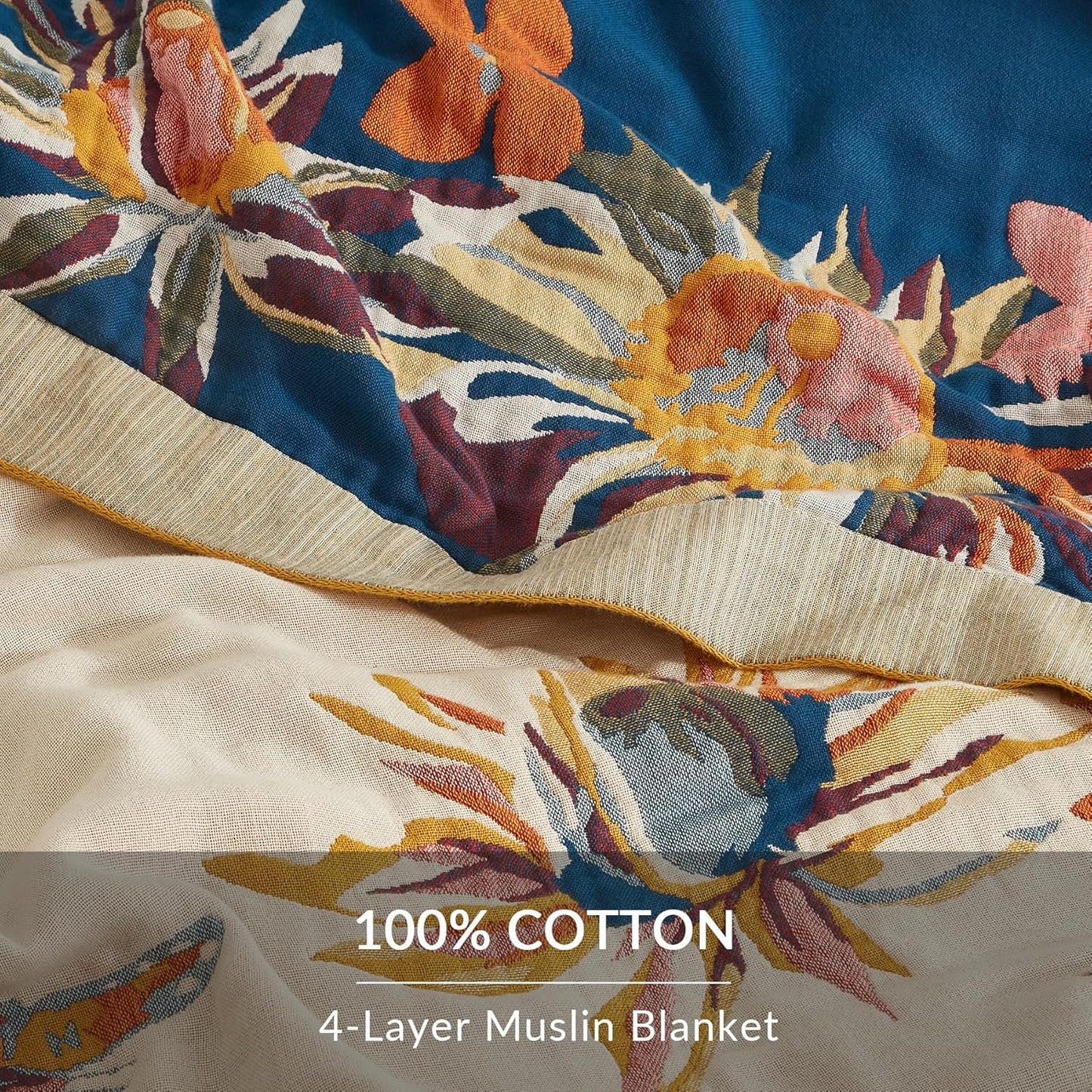 Boho Throw Blanket for Couch Sofa Bed, 100% Cotton Woven Quilt with Tassel 60”x80”, Super Soft Muslin Blanket with Floral Printed, Decorative Reversible Bed Blanket/Cover for All Seasons