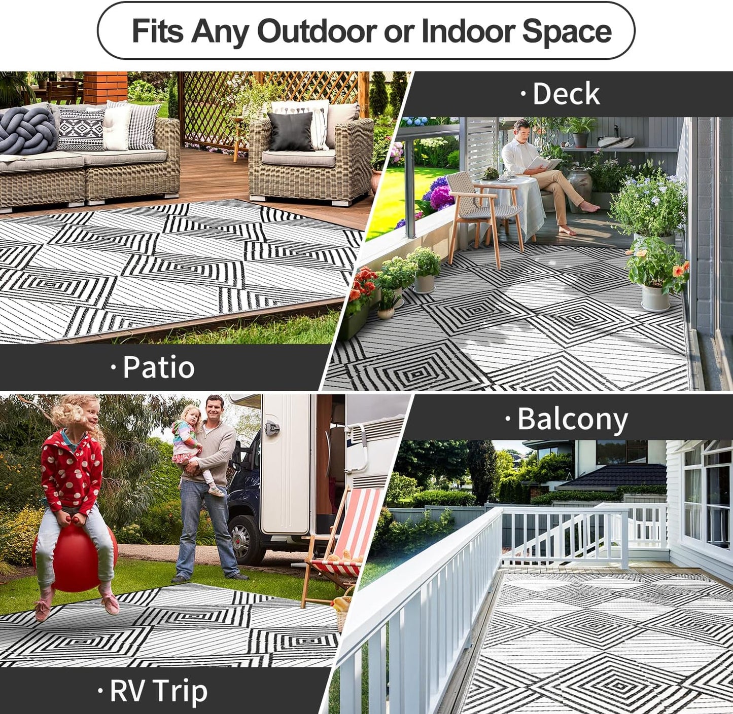 Waterproof Outdoor Rug 8x10ft, Foldable Reversible Plastic Straw Mat for Patio RV Deck Porch Backyard Balcony Camping Picnic Beach Indoor Outdoor Carpet, Black&White