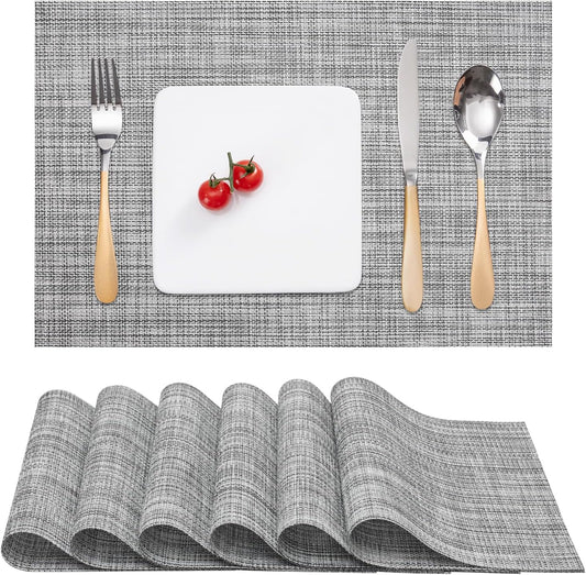 Myir JUN Placemats Set of 6, Vinyl Woven Placemats Place Mats Indoor Washable Table Mats Non-Slip Place mats for Dining Table (Light Gray, Set of 6)
