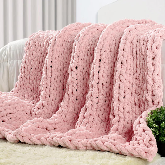 Carriediosa Chunky Knit Throw Blanket 60" X 80" Twin, 100% Hand Made Large Chenille Loop Yarn Soft Fluffy Throws for Couch Sofa Bed, Big Crochet Cozy Heavy Thick Cable Woven Blankets, Dusty Pink