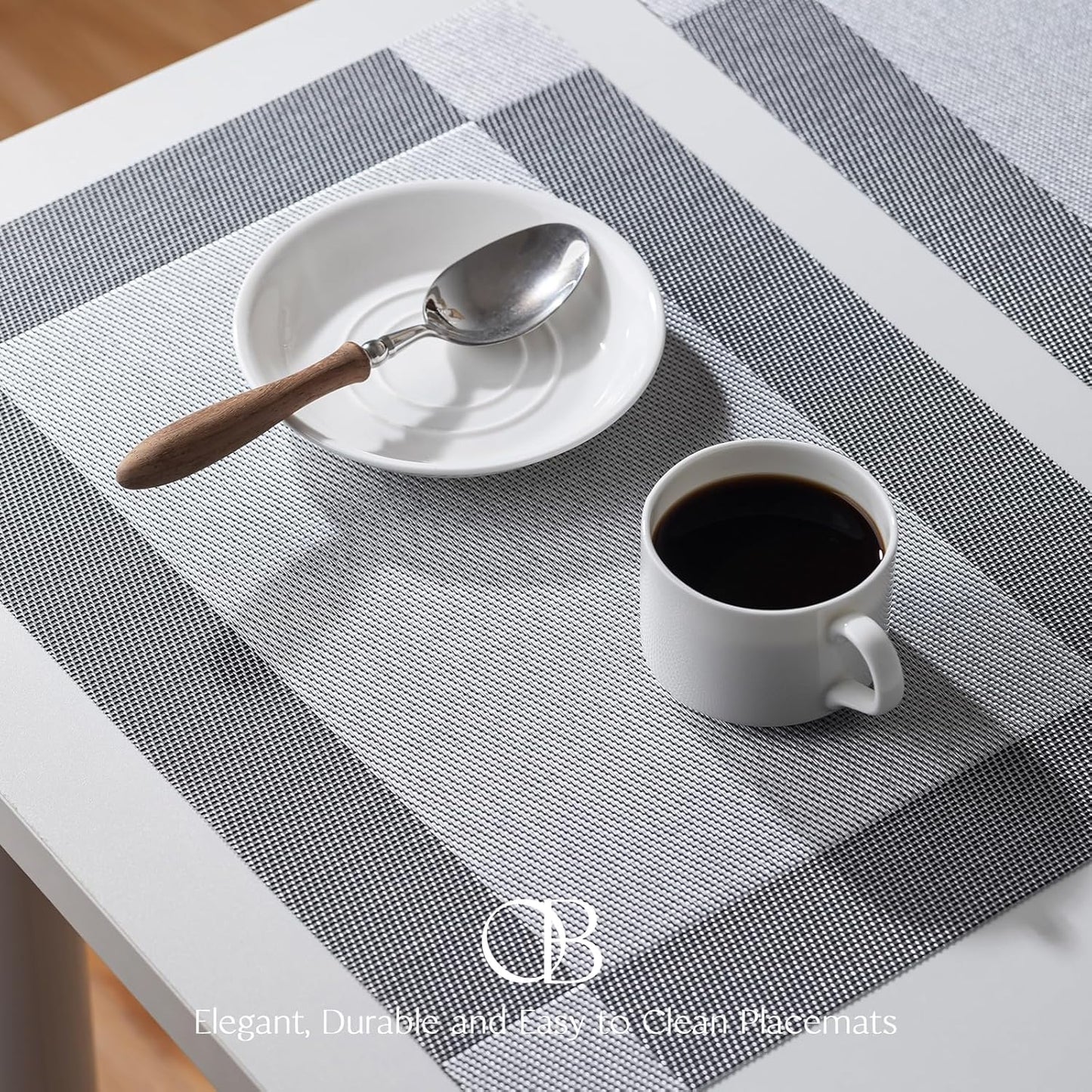 Placemats Set of 4 - Easy Clean Woven Vinyl Placemats for Dining Table, Indoor/Outdoor Place Mats, Washable PVC Table Mats （Silver Cube）