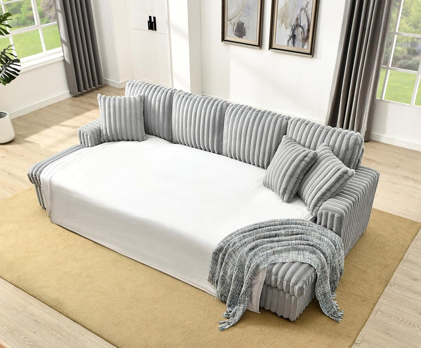 THSUPER Oversized U Shaped Plush Corduroy Fluffy Sectional Sleeper Sofa with Pull Out Bed and Double Storage Chaise for Living Room - Gray